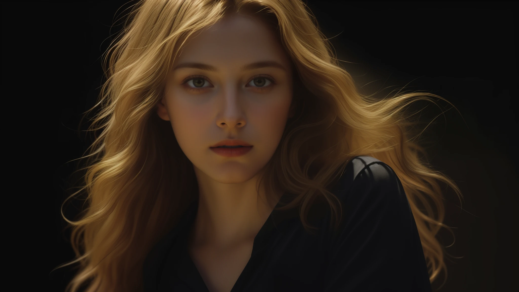 (front focus),(in the dark:1.6), Hyperrealist portrait of the female by David Hockney and Alphonse Mucha, fantasy art, photo-realistic, dynamic lighting, art station, poster, volumetric lighting, very detailed faces, 4 k, award-winning,, 1girl, in the dark, deep shadow, low key, cowboy shot,(official clothing:1.4), long hair, blond hair,
