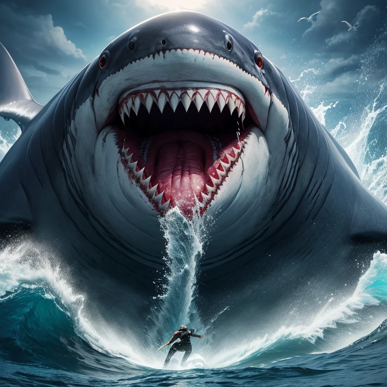 best quality, 32k, RAW photo, incredibly absurdres, extremely detailed, 30 meter long giant shark with a scary face violence, delicate, flashy and dynamic depiction
