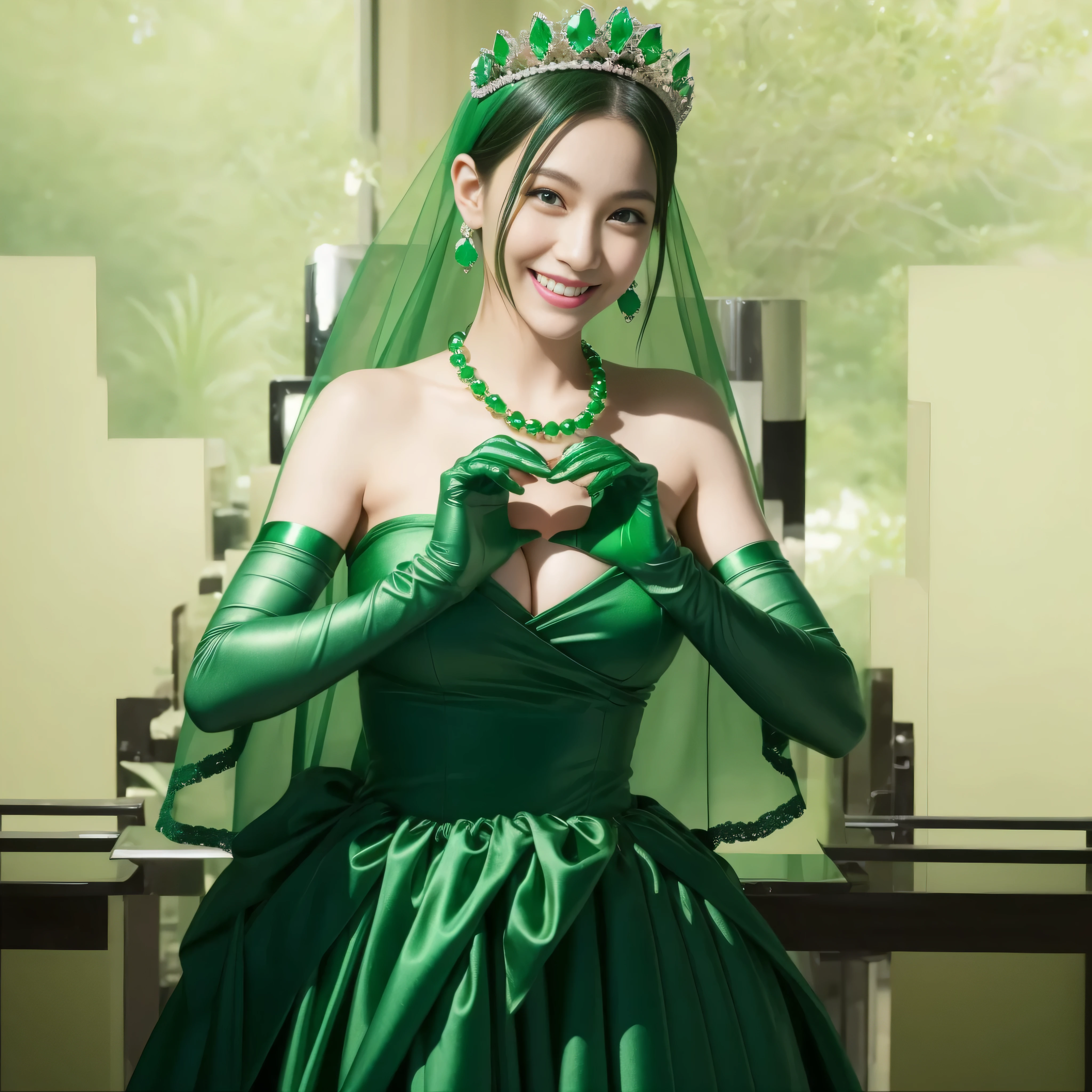 emerald tiara, green pearl necklace, boyish very short green hair, lipstick, smiling Japanese woman, very short hair, Beauty with large breasts, green eyes, Long Green Satin Gloves, green eyes, emerald earrings, green veil, heart with both hands