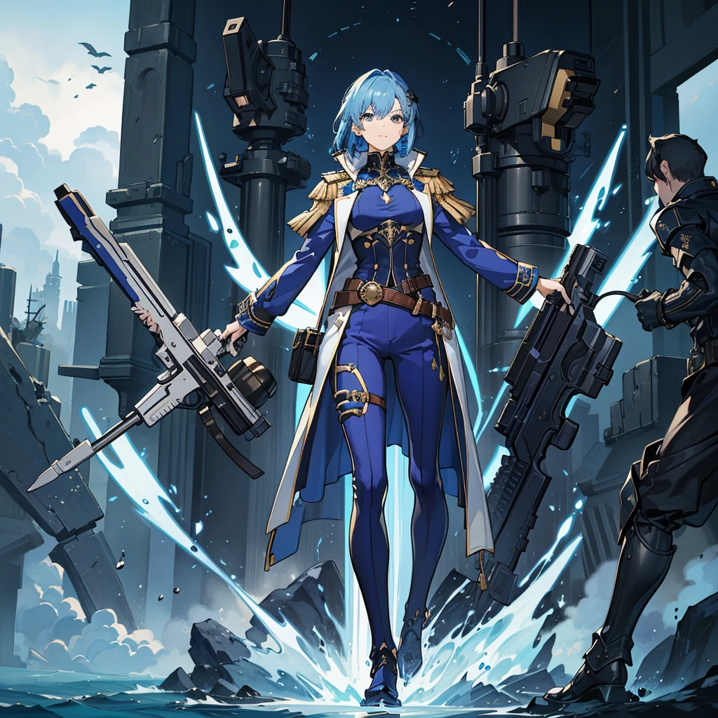 11:23(((Best quality at best: 1.4))),(Unbeatable masterpiece), (hyper HD),(Hyper-realistic 8k CG)、(one hand on hip gesture),(lightblue hair) ((( body))), (((1 girl in))), 25-year-old American soldier with perfect body,,Beautiful and well-groomed face,muscular body:1.2,Solid royal blue jacket with details, (Pictures from head to thighs), Complex equipment, purpleish color,long trousers,The clothes inside are dark,Clothes with armored metal electronic parts, Poison tattoos )