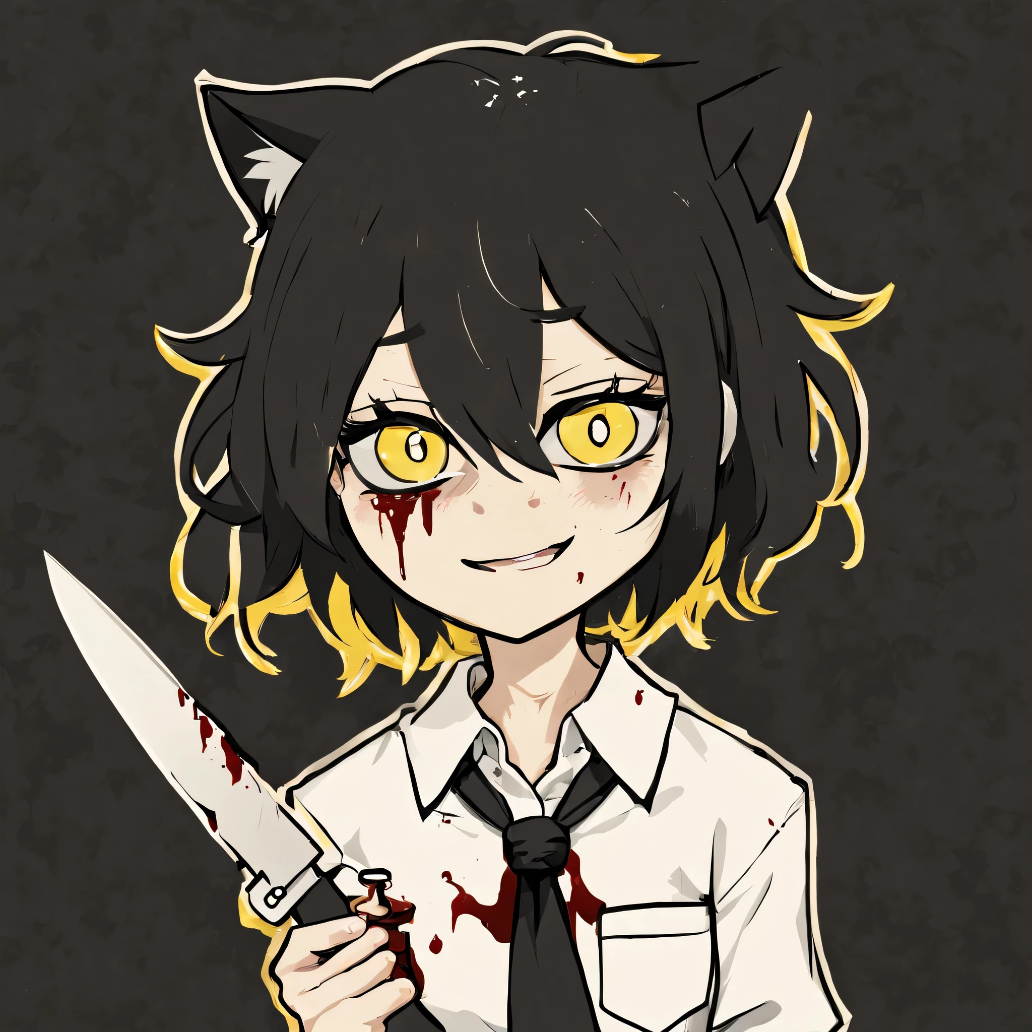 masterpiece, best quality, hires, high resolution, TCOAAL, white outline, bold outline, dark background, yellow eyes, black hair, 1girl, solo, monochrome:0.1, (white uniform:0.5), brown paper, smile,  short black bob hair, yellow eyes, Round glasses, petite body, wearing plain white formal work shirt, wearing long black pants, business tie,cat ears with white fur inside them,androgynous, bored face, psychotic face, blood on face, crazy, crazy eyes, holding a knife, bloody mess, 