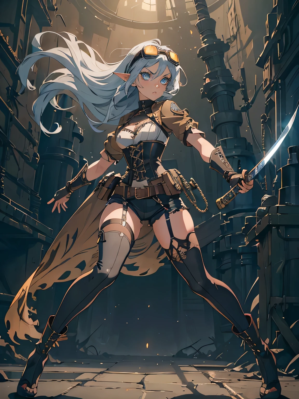 masterpiece, high quality, inside underground cave, 1_woman, ((full body)), mid-jump, mid-air, ((holding japanese katana in hand)), (exotic skin_complexion:1.4),mature, leaping at camera, tall, beautiful, exotic, with long elf ears, looking to the side, long hair, silver hair, detailed face, angry expression, anime fight pose, having diamond shaped eyes, blue eyes, (dark_eyeliner), long_eyelashes medium_bust, thigh gap, wearing Steampunk corset, chest window, (brown shorts), crossing belts, (goggles on head), red tinted goggle lenses, long fingerless_gloves, belts with metal gears, making fist, black thigh highs with embroidery, knee boots with laces, dynamic lighting casts detailed shadows