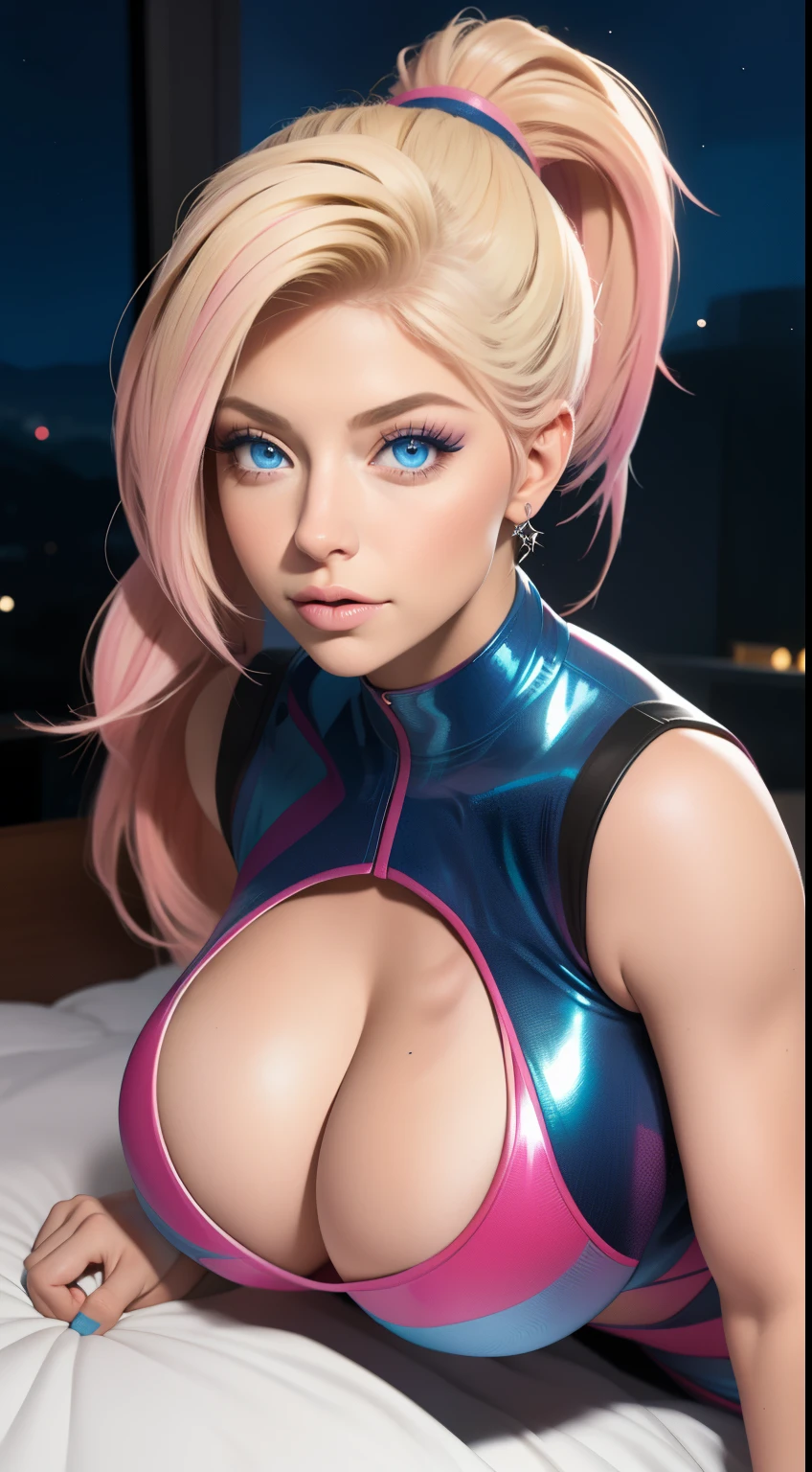 1girl, masterpiece, realistic, Alexa Bliss, face zoom, perfect makeup, eyelashes, light blue eyes, sitting on bed, leaning forward, bedroom, ((night time)), long hair, pink highlights blonde hair, ponytail hairstyle, huge breasts, hourglass body, defined thick thighs, erotic style, shiny latex, skintight pink vertical lines blue outfit, erotic outfit, eyes at viewer,