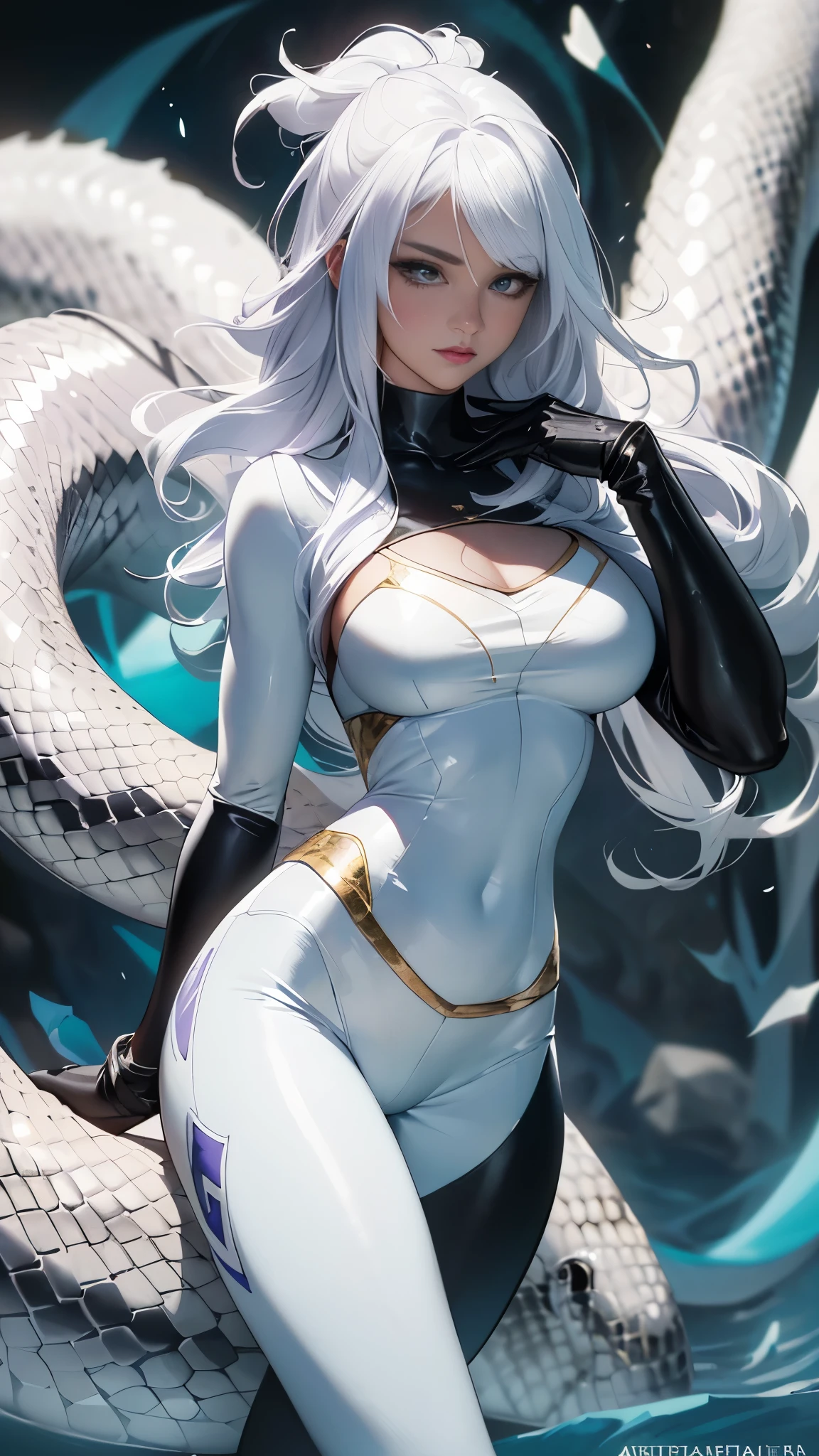 (La mejor calidad,A high resolution,Ultra - detallado,actual), Selena Gomez con un bodysuit blanco con una serpiente gigante blanco, Reina de las serpientes, (hermosos ojos azules), (fondo piedras grandes negro:1.4) , (pose vaquero ), (realistic) ,Arte detallado de alta calidad 8K, Fanart Mejor ArtStation, Fantasy art style , (bikini  violeta :1.4),(serpiente blanco gigante:1.4), (bodysuit white de serpiente:1.4) ,(cabello white canoso largo:1.4),( fondo agua realistic cristalina) ,(Perfect anatomy ), (anaconda gigante blanco), (leggings white:1.4 ),