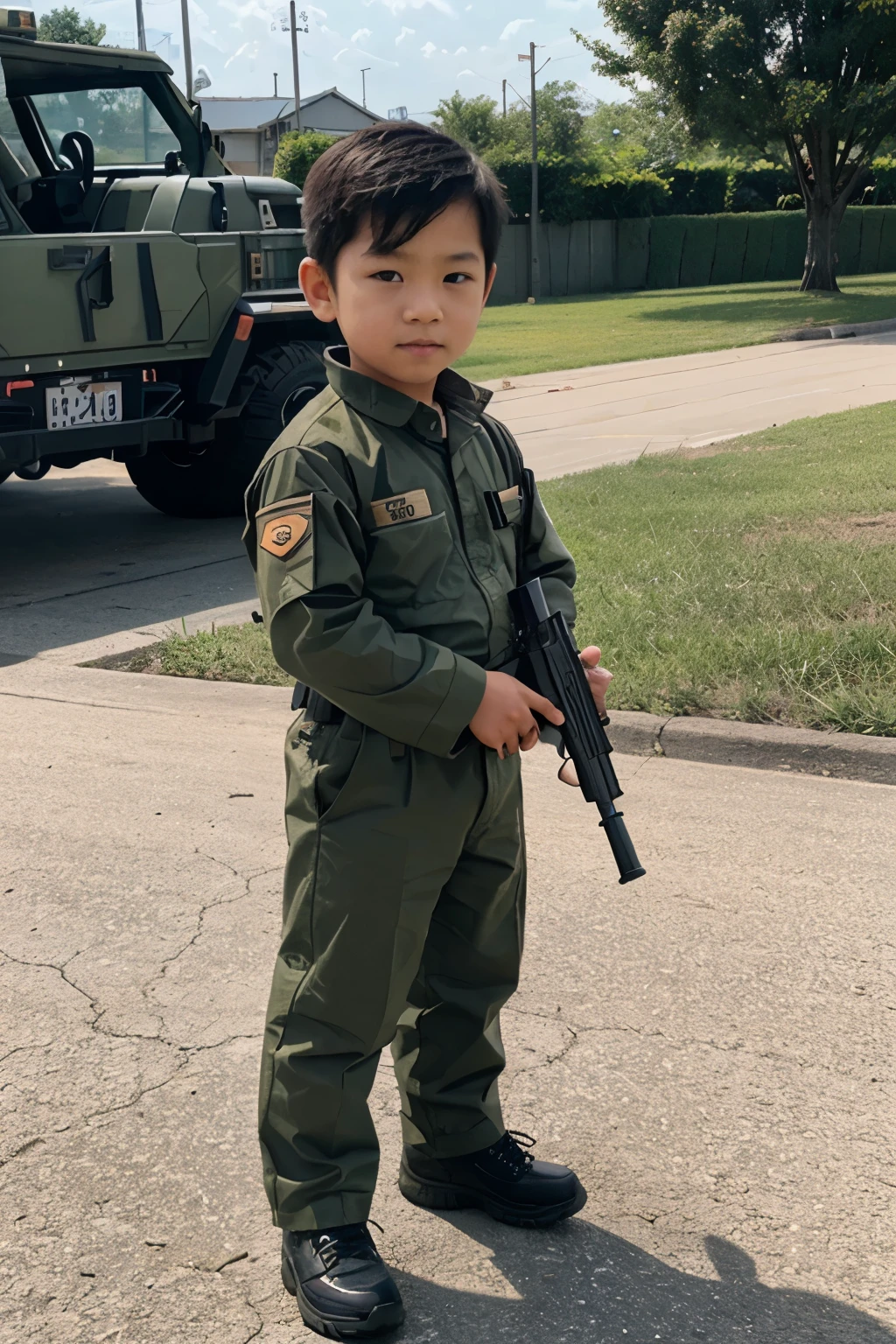 a wide view of asian kid playing with gun toys wearing a military suit pose like a soldier