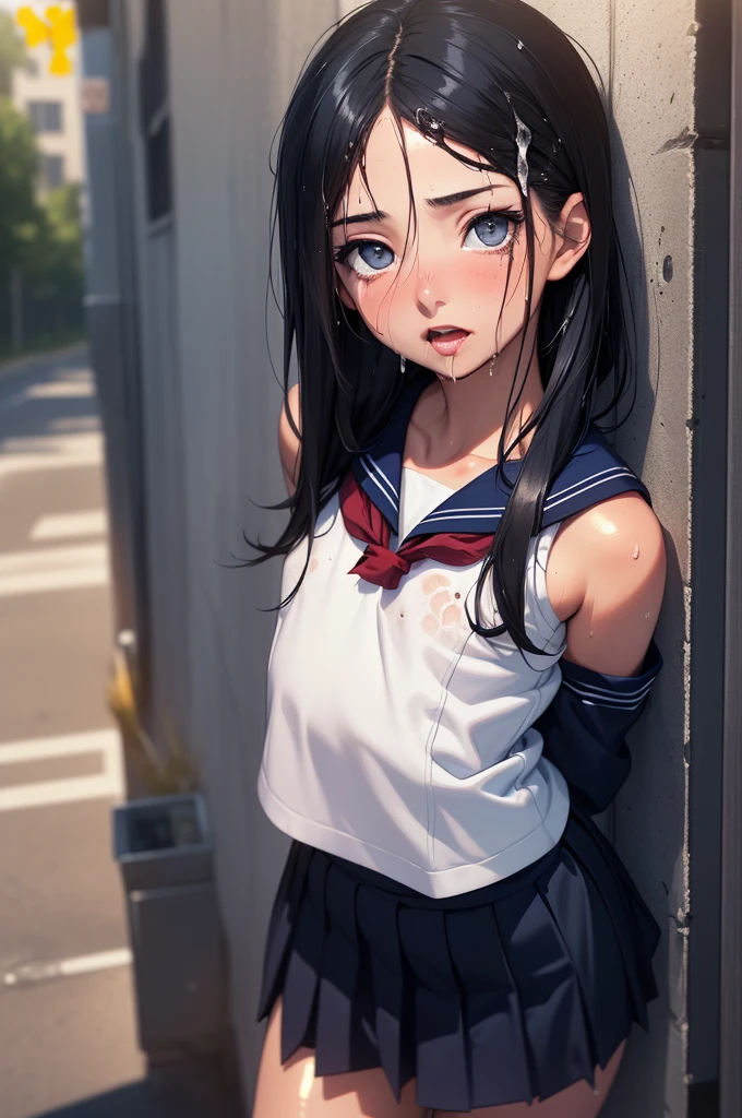 (Photorealistic:1.5), (masterpiece, Highly detailed 8K CG, Sharp lines), hi-school girl, A dark-haired, Beautiful anime schoolgirl, Smooth Anime CG Art, Beautiful anime schoolgirl, Beautiful anime girl, ( beautiful girl:1.2), Detailed skin, (gleaming skin:1.6), (Well-kept short black hair:1.2), Beautiful black hair, blue Eye, (many streaming sweat:1.5), (drunken eyes:1.9), (aroused:1.2), (flat chest:1.6), (gaunt:1.8), (student clothes, a sailor suit, Dark blue pleated skirt:1.4), (sleeveless:1.2), (head shot:2.5), wet, solo, one girl, (shoot from above:1.2), (leaning forward:1.5), Inside the classroom, (open mouth:1.1), (Tight fitting clothes:1.4), (blush:1.0), (Lots of clear drool overflows from her mouth and drips from her chin.:1.3), (half closed eyes:1.3), (arms behind back:1.6)