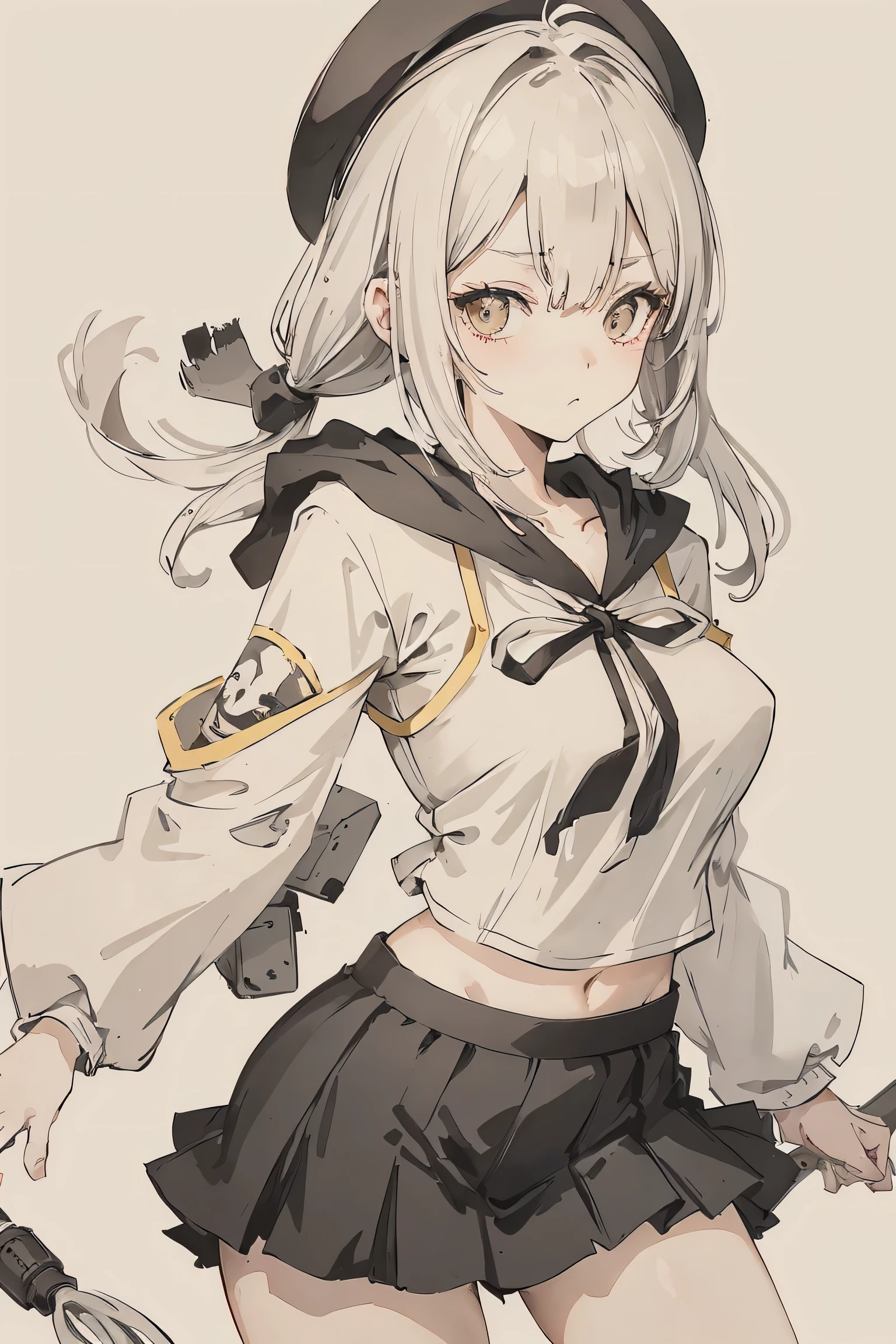 sparrow, a silver haired girl, wearing a white hoody, short hair, messy hair, black skirt, yellow hoody, slim body, she have a handycam, medium breasts, she close her left eye, shirt ornament, lolippai, white beret, serious face, beautiful breasts, rounded breasts