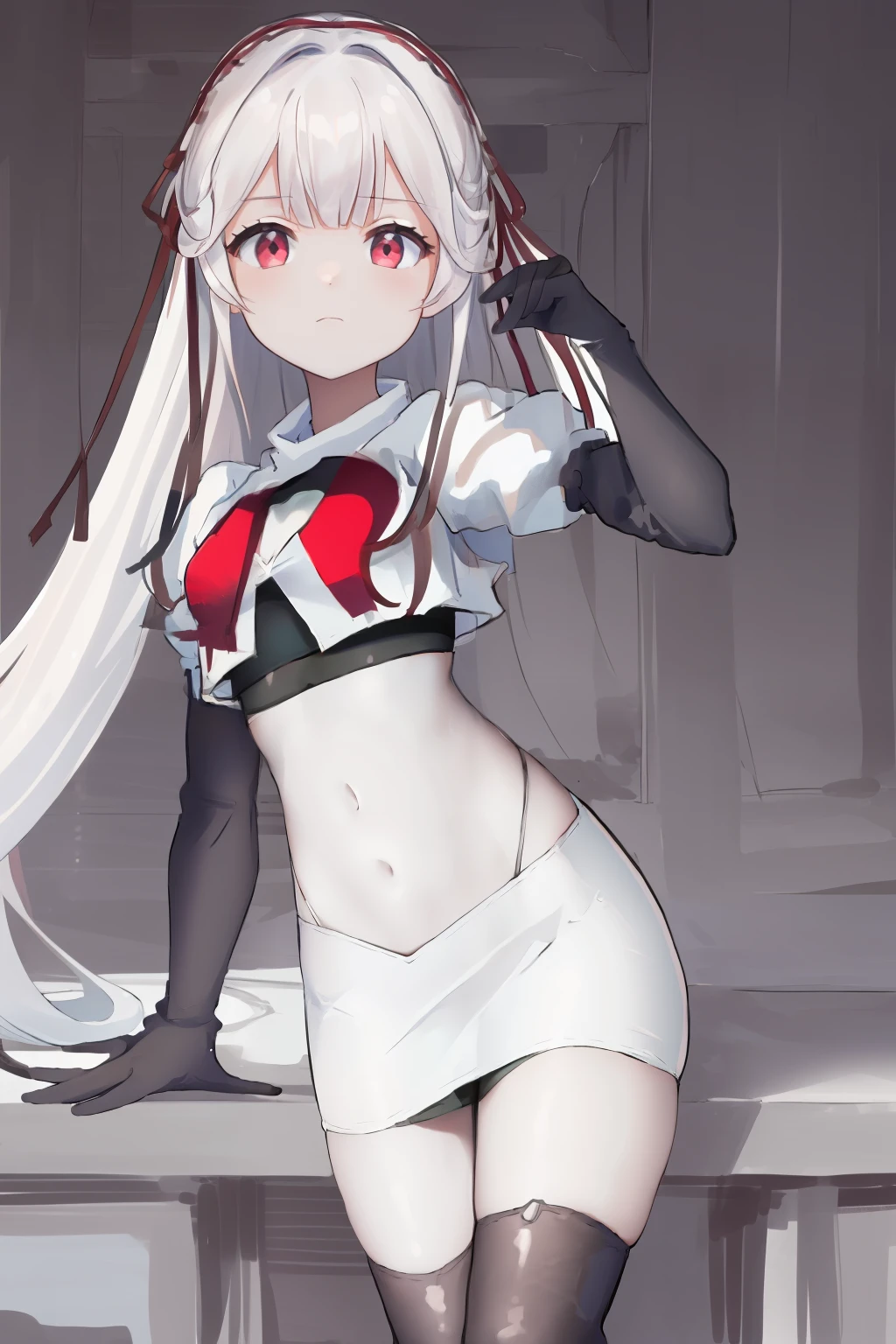 masterpiece, best quality, highres, 1girl hair ribbon, team rocket,team rocket uniform, red letter R, white skirt,white crop top,black thigh-highs,black elbow gloves,