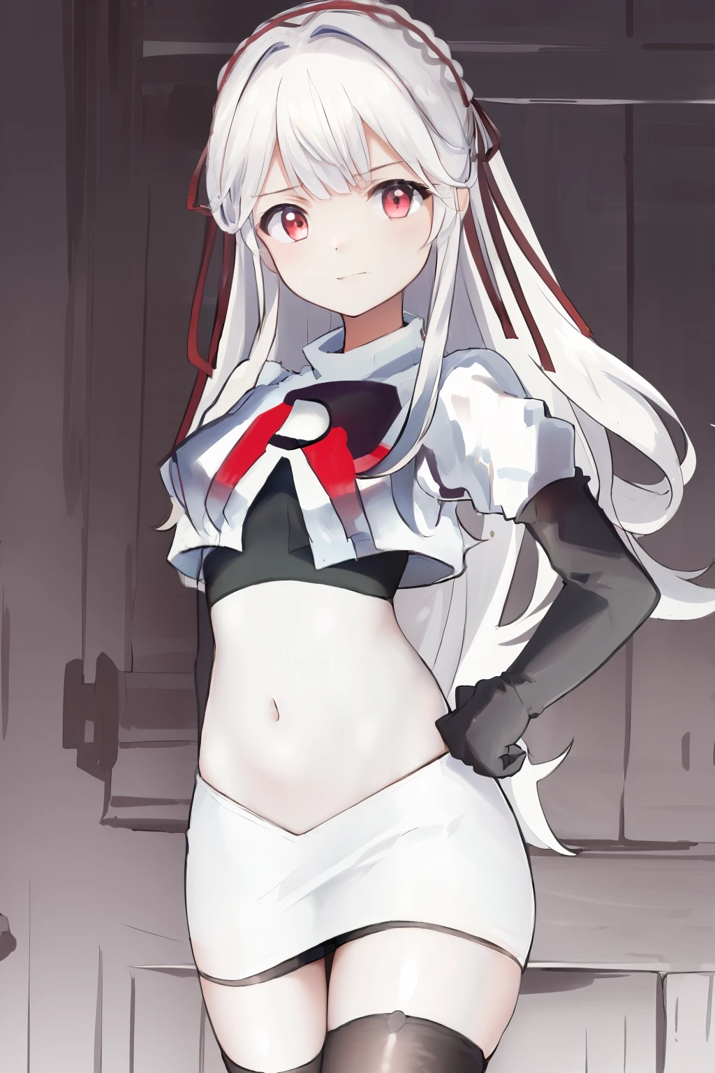 masterpiece, best quality, highres, 1girl hair ribbon, team rocket,team rocket uniform, red letter R, white skirt,white crop top,black thigh-highs,black elbow gloves,