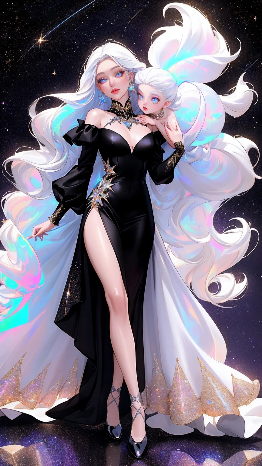 {-erro_de_anatomia:1.0} masterpiece, highest quality, (perfect face:1.1, (high detail)1.1, sweet stardust vampire , long soft white hair, opal eyes, perfectly drawn face, black dress, stars detailed background, prismatic lighting, glitter, whole body,  Dancing lightly, Very sexy, with chin resting on shoulder , walking on the stars with cristal shoes.