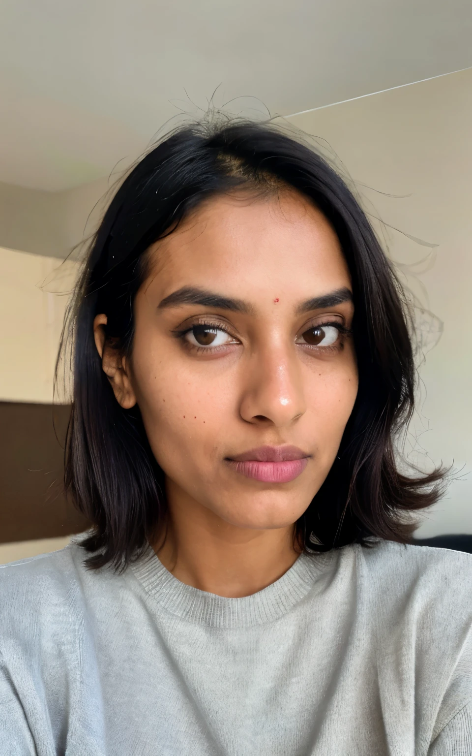 photorealistic, sharp focus, raw photo, amateur photo, beautiful 29 y.o skinny indian girl, take a selfie, no panties, oversized sweater, detailed skin pores & face texture, pores, (goosebumbs:0.7), dynamic pose, looking at viewer, face focus, taken with mobile cam, film grain, short black lob hair, closeup