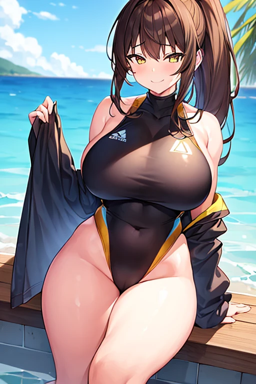 1girl, large breasts, wide hips, thick thighs, brown hair, ponytail, yellow eyes, smirk, smug, smile, one-piece swimsuit, competition swimsuit, black swimsuit, pool, sleeves, long sleeves, yellow trim, yellow line, bare legs