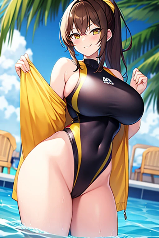 1girl, large breasts, wide hips, thick thighs, brown hair, ponytail, yellow eyes, smirk, smug, smile, one-piece swimsuit, competition swimsuit, black swimsuit, pool, sleeves, long sleeves, yellow trim, yellow line, bare legs