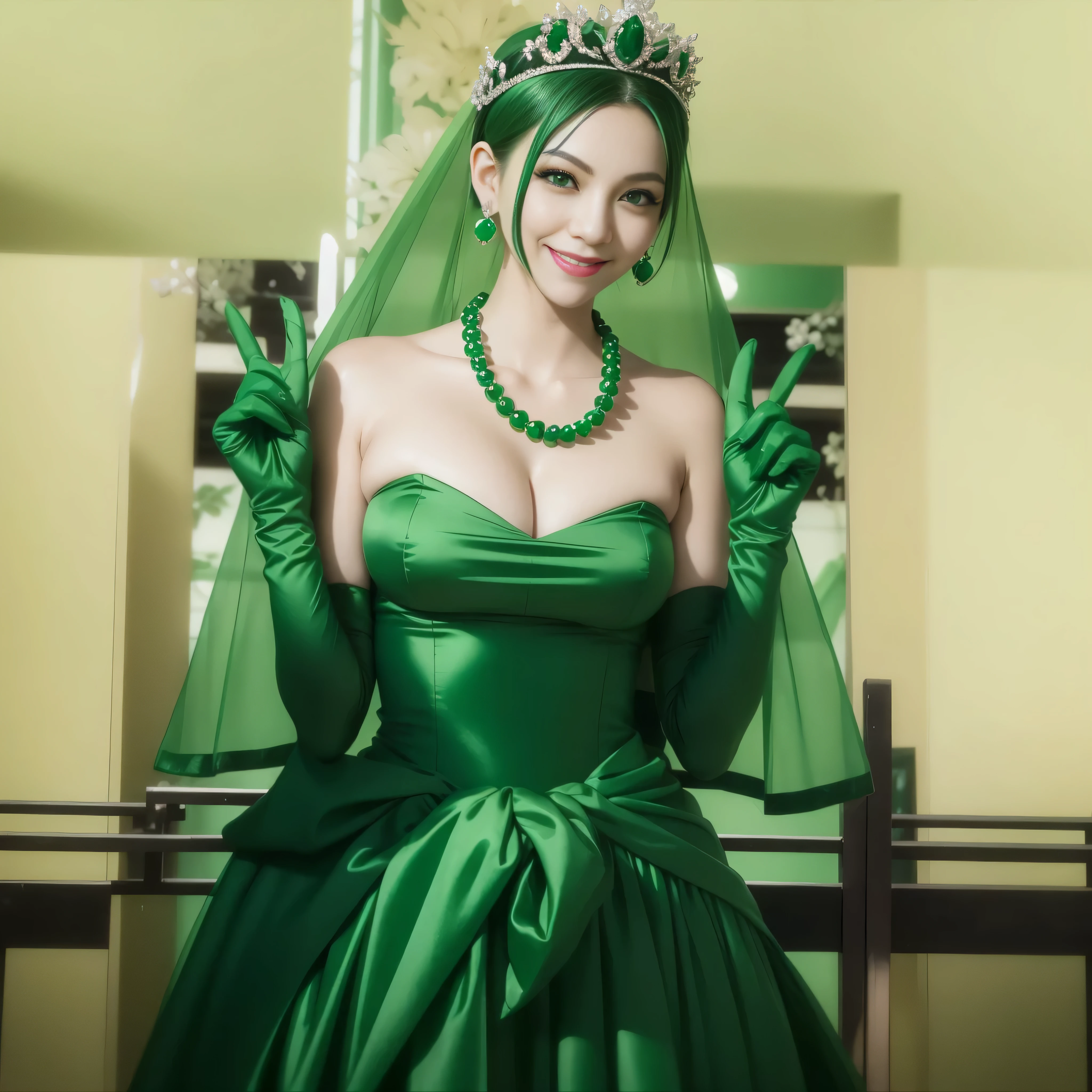 emerald tiara, green pearl necklace, boyish very short green hair, lipstick, smiling Japanese woman, very short hair, big breasts beautiful, green eyes, Long Green Satin Gloves, green eyes, V sign, emerald earrings, green veil
