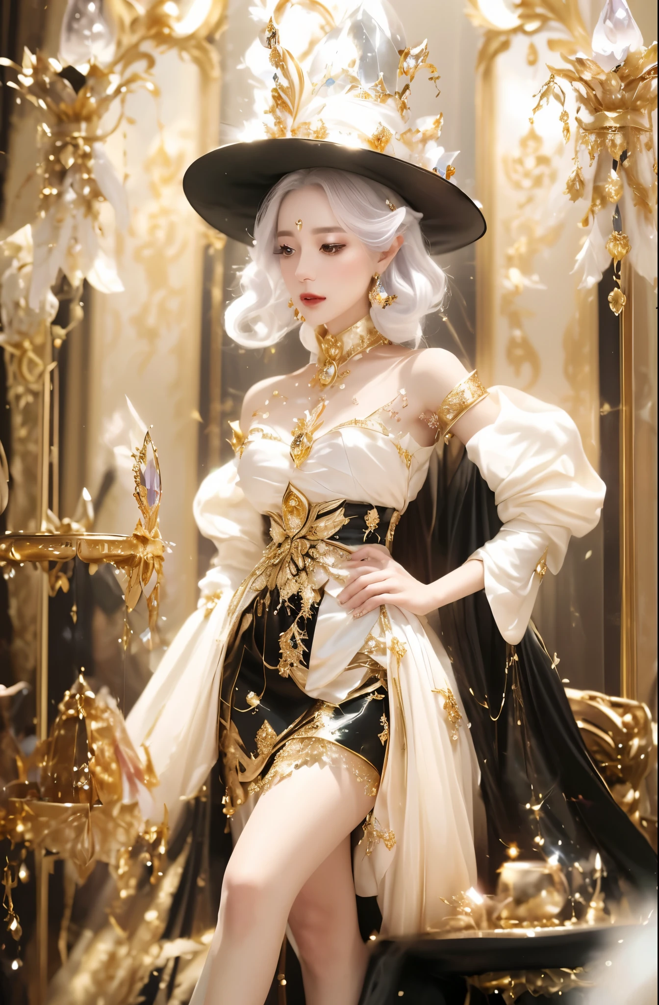 real person，Close-up of a woman wearing a skirt and hat, fantasy costumes, Dress up in dreamy formal attire, Fantasy style clothing, Moon themed clothing, beautiful fantasy queen, Popular topics on cgstation, gold plated clothing, ethereal fantasy, ((beautiful fantasy queen)), Astral Witch Clothes, Imperial royal elegant clothing, rococo cyberpunk, intricate clothing, clear outfit design