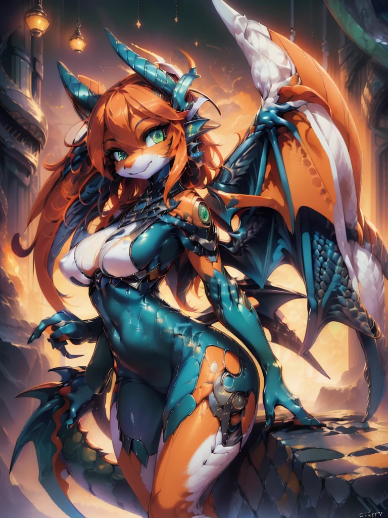(best quality,4k,8k, highres, masterpiece:1.2), (furry; anthro Dragon), 1 girl, cyborg, small breasts, horny, well-toned abs, large mechanical dragon wings, ultra-detailed, lewd pose, ((excited smile)), sexy, detailed eyes and face, long eyelashes, vibrant colors, green eyes, orange fur
