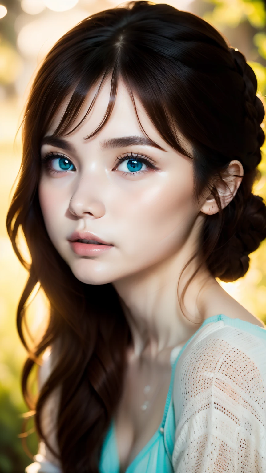 blurred background、anatomy、Russian２０Talented Woman、small face、detailed beautiful eyes、plump lips、detailed eyes and face、turquoise eyes、long eyelashes、1 girl、skin like white porcelain、Soft and delicate skin、bangs are short、medium long hair、brown hair、careful depiction of hair、An ennui look、elegant posture、Natural light、great atmosphere、silence、rosy cheeks、born、highest quality、High resolution、masterpiece:1.3、８ｋ