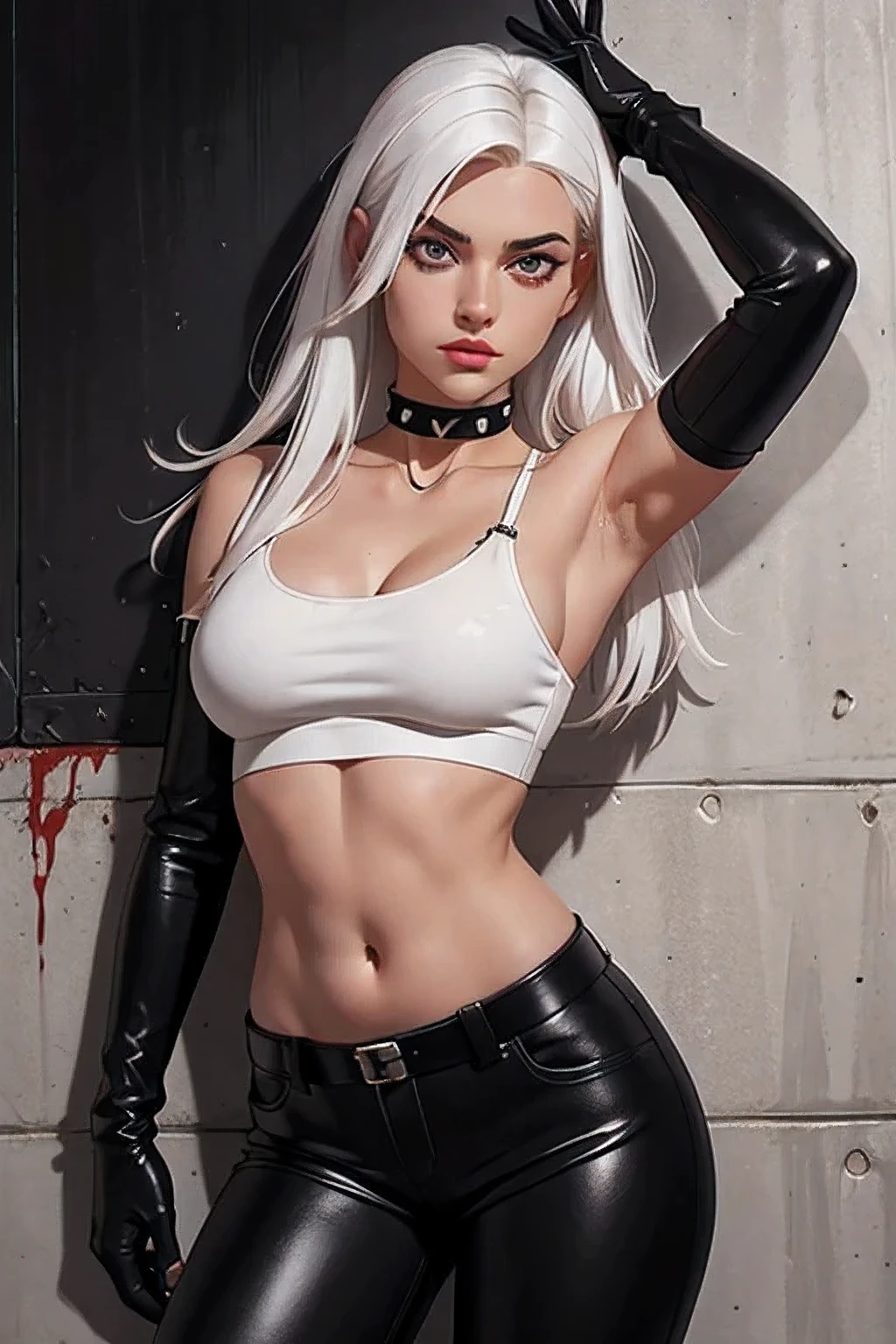 (high detailed)beautiful girl, military, white hair, bloody eyes, choker, cropped top, abdomen, navel, black leather pants, spiked long gloves, wall