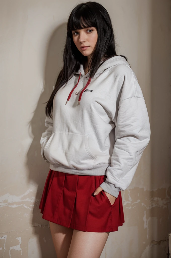 portrait photography of a white woman with black hair and bangs wearing a red skirt and a oversized long grey hoddie by a wall in her house