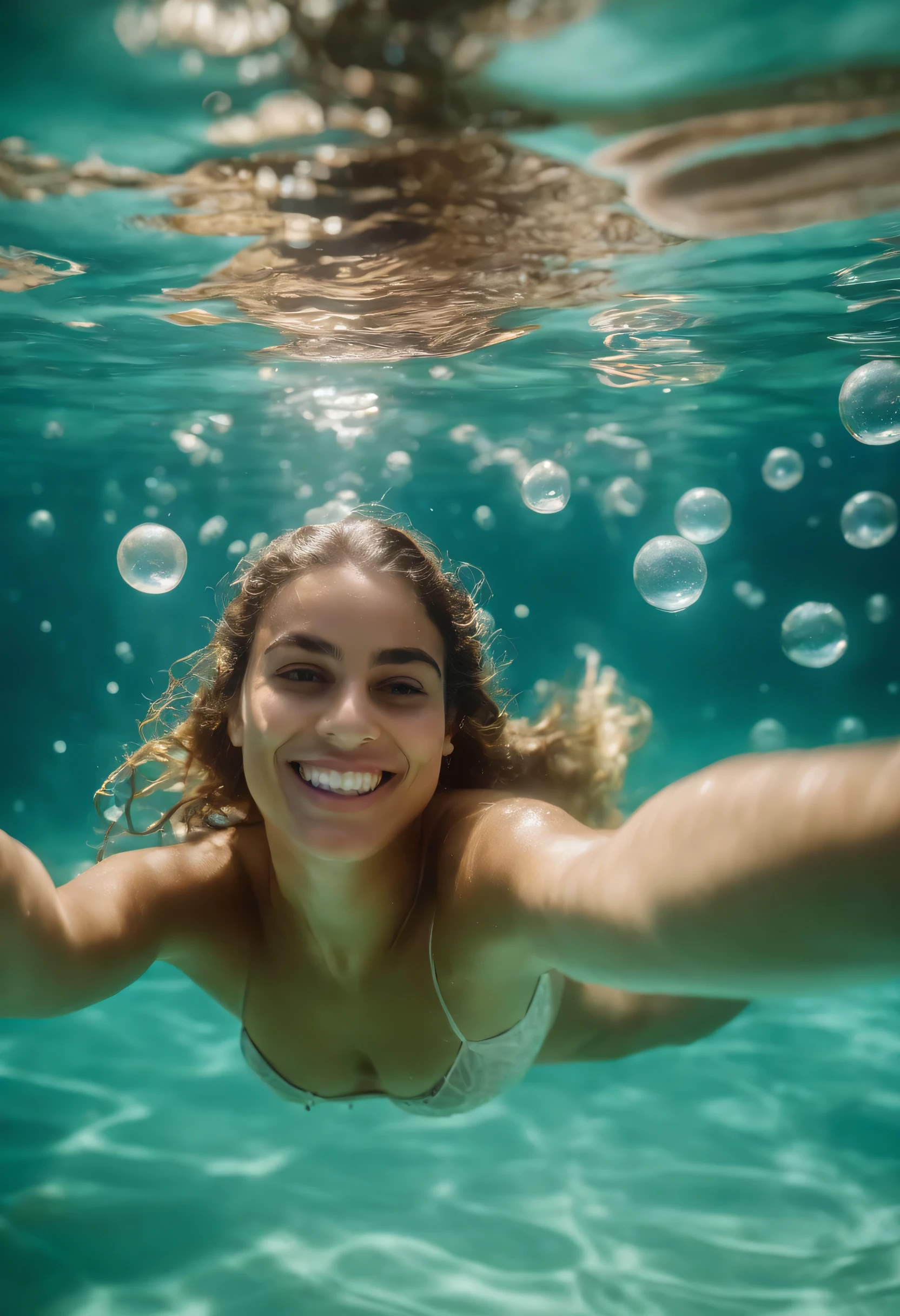 Happy and smiling 18 year old girl in a white bikini under&#39;water in a swimming pool, Ela tem olhos verdes expressivos, your hair is floating in the water, she floats in the water, She extends her hand and shows her index finger calling the camera, ela solta bolhas de ar pela boca, many bubbles in the water, bolhas, bolhas de ar, bolhas de ar saem da boca dela
