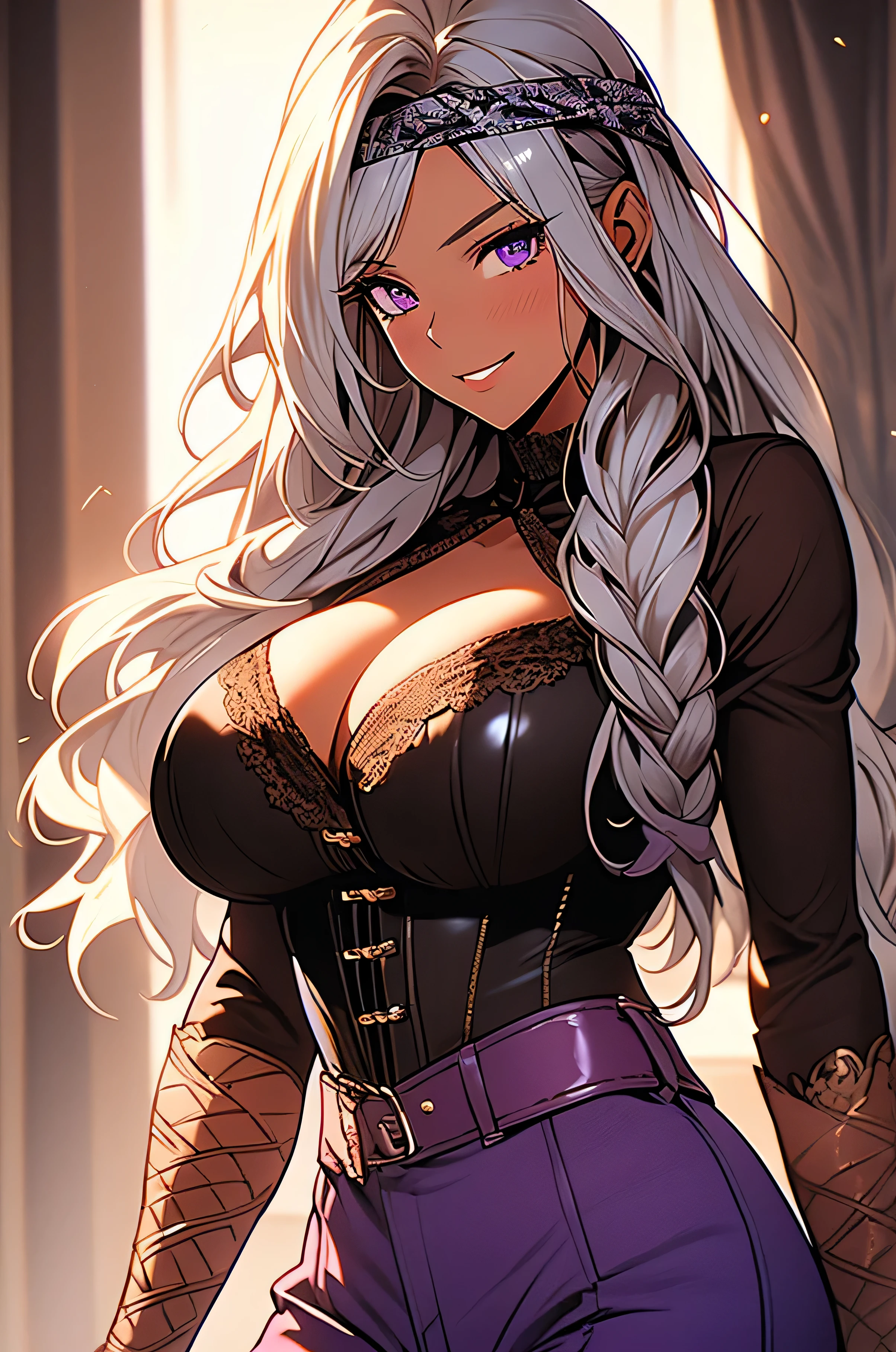 Beautiful girl, smile, western clothes, cowgirl boots, braids, long fluffy hair, messy bangs, bust up, abs, hair ornament ((bandana headband)), open chest clothes, corset, pants, glossy skin, huge breasts, cleavage, poses that show off cleavage, sexy, two-toned hair ((white hair+brown hair)), purple eyes, dark skin