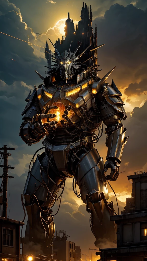 Giant creature with mechanical armor and with spikes on its back and with yellow lights and red electrical wires on the armor and firm and closed fists and a serious and very serious pose and a mini city destroyed and lots of smoke coming out and a spaceship flying in the sky and clouds in the sky 