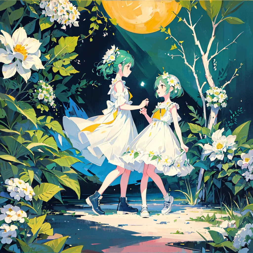 (2 girls, sundress, kawaii), (blue moon, white flower field, green road, crystal), (low contrast, flat color, limited palette)