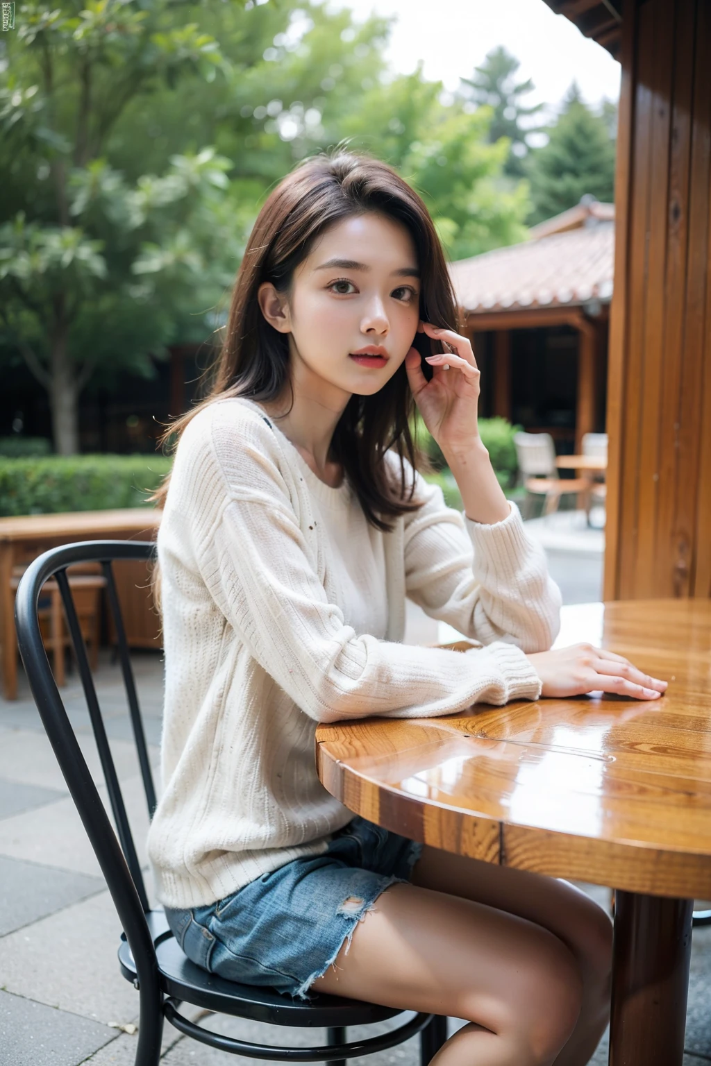 ((best quality)), ((masterpiece)), (detailed), Outdoor tables and chairs in the background，natural face，Two for work，long sleeve work
