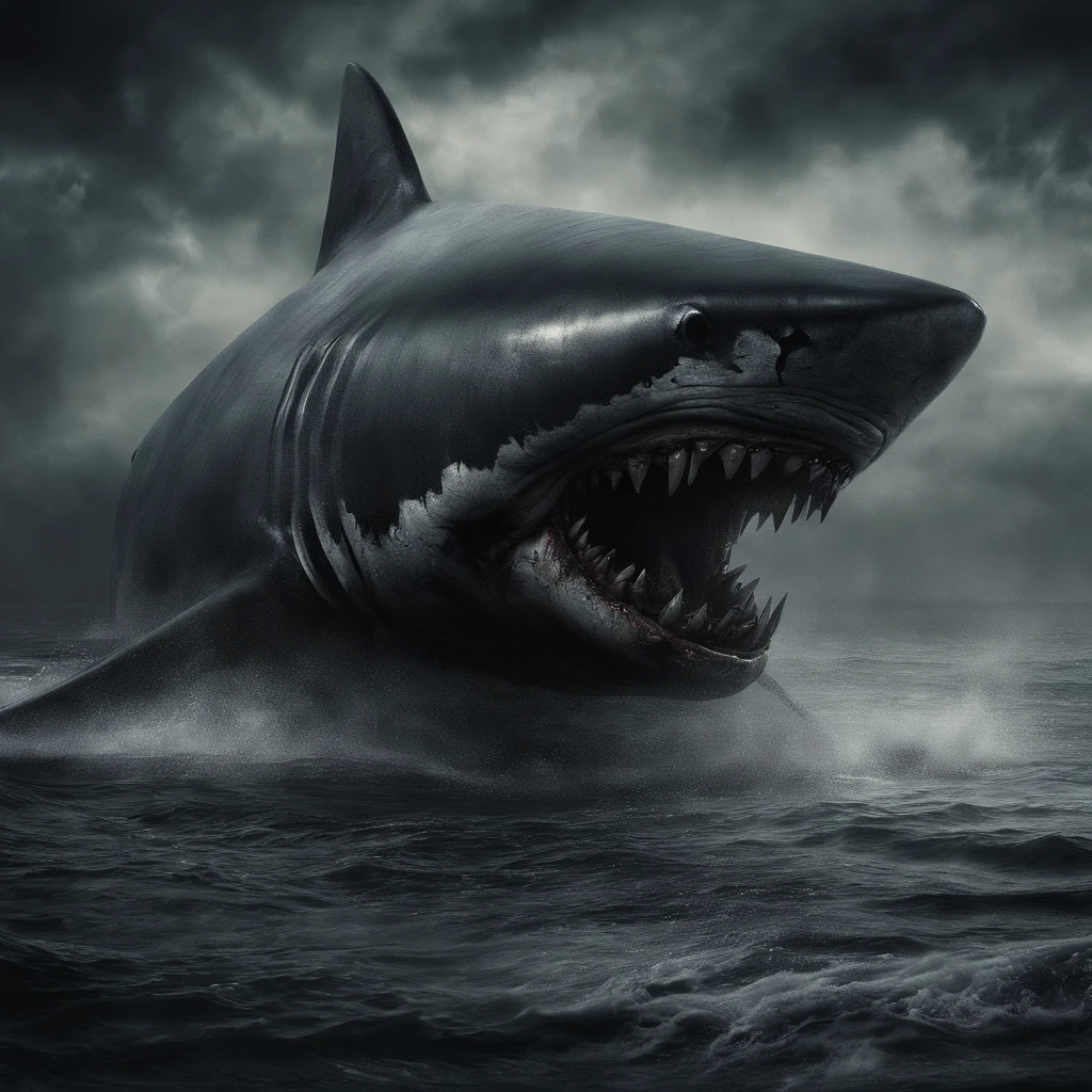 best quality, 32k, RAW photo, incredibly absurdres, extremely detailed, 30 meter long giant shark with a terrifying face that devours ships delicate, flashy and dynamic depiction