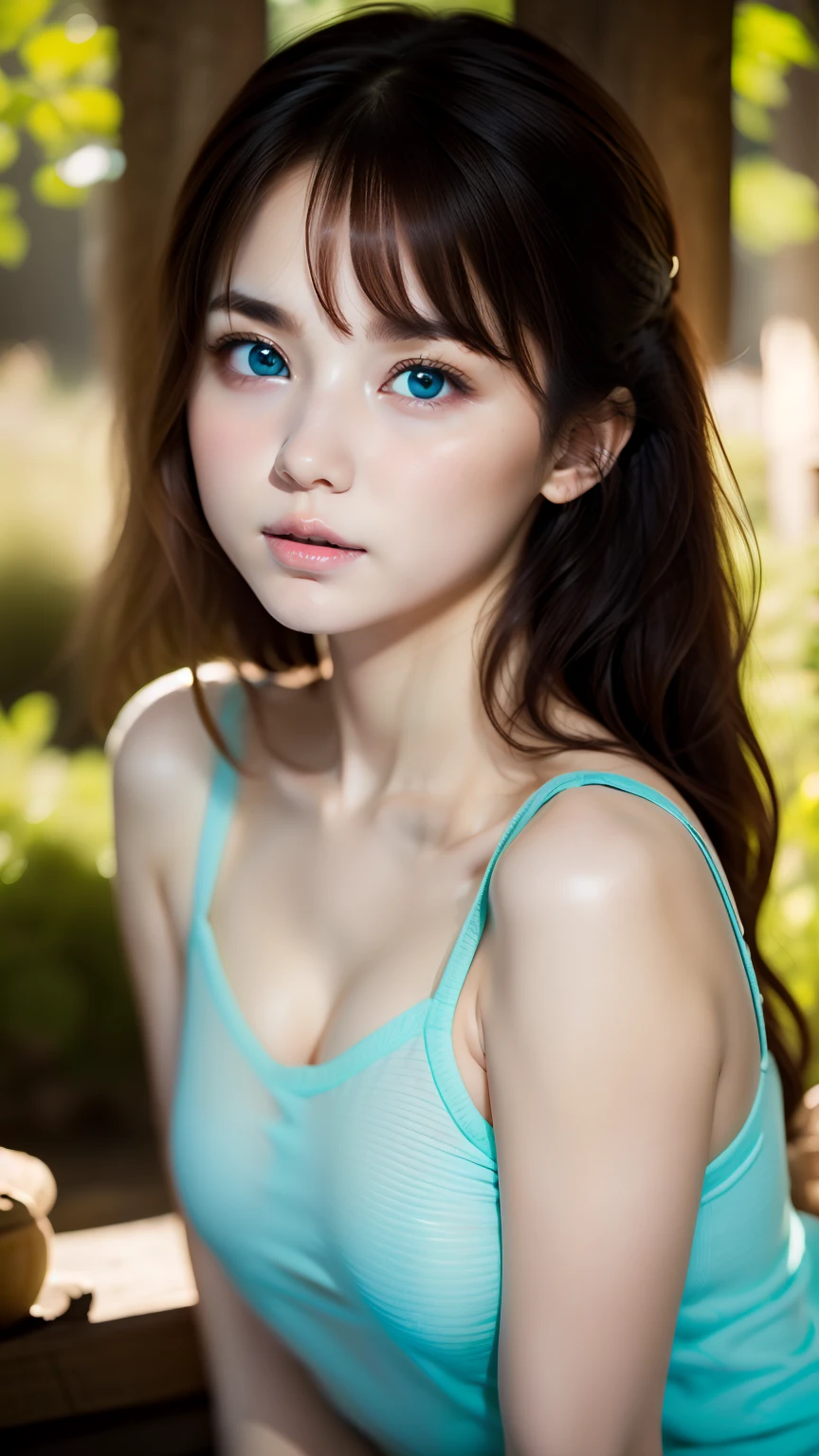 blurred background、anatomy、Russian２０Talented Woman、small face、detailed beautiful eyes、plump lips、detailed eyes and face、turquoise eyes、long eyelashes、1 girl、skin like white porcelain、Soft and delicate skin、bangs are short、medium long hair、brown hair、careful depiction of hair、An ennui look、elegant posture、Natural light、great atmosphere、silence、rosy cheeks、born、highest quality、High resolution、masterpiece:1.3、８ｋ