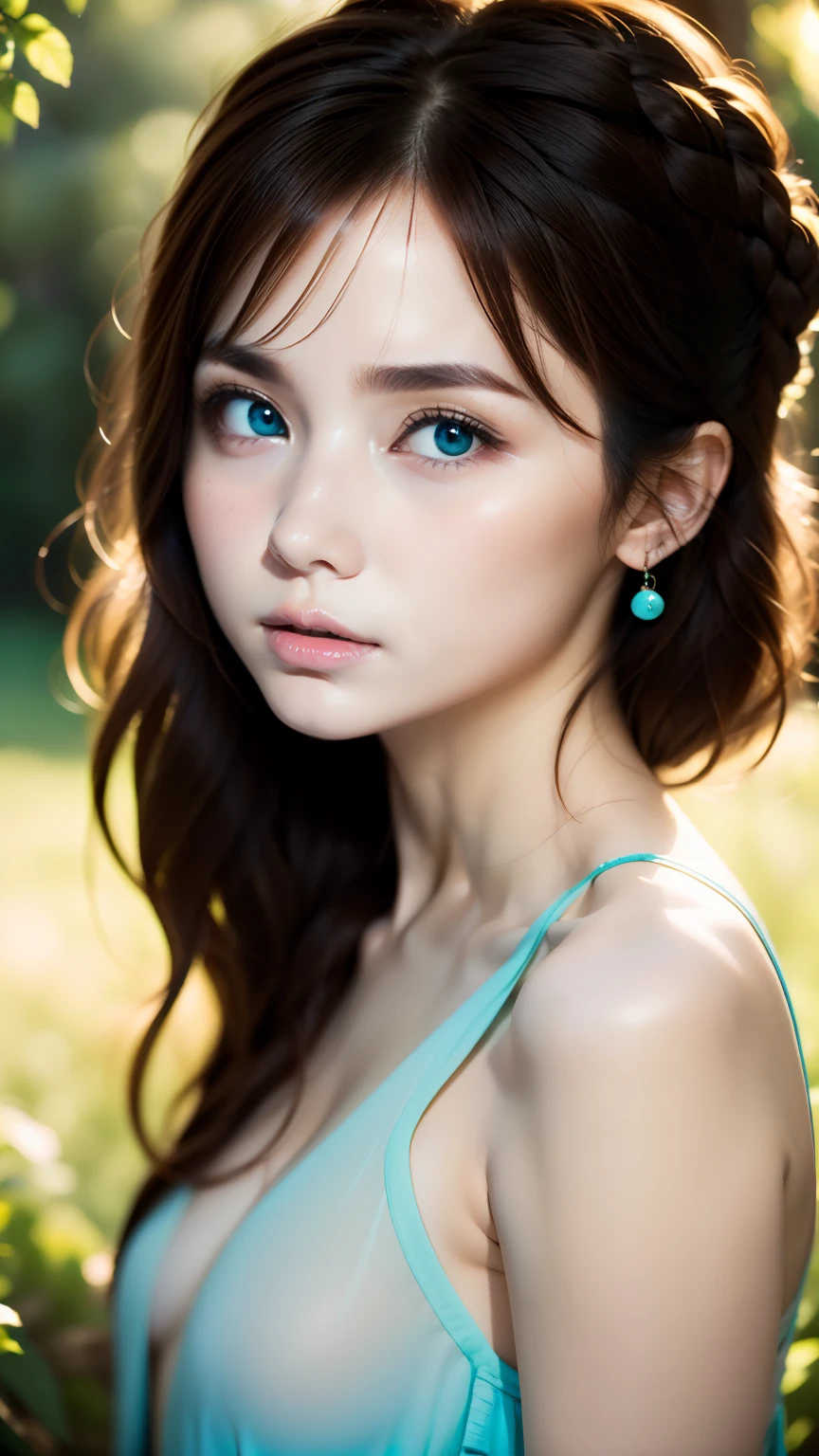 blurred background、anatomy、Russian２０Talented Woman、small face、detailed beautiful eyes、plump lips、detailed eyes and face、turquoise eyes、long eyelashes、1 girl、skin like white porcelain、Soft and delicate skin、bangs are short、medium long hair、brown hair、careful depiction of hair、An ennui look、elegant posture、Natural light、great atmosphere、silence、rosy cheeks、born、highest quality、High resolution、masterpiece:1.3、８ｋ