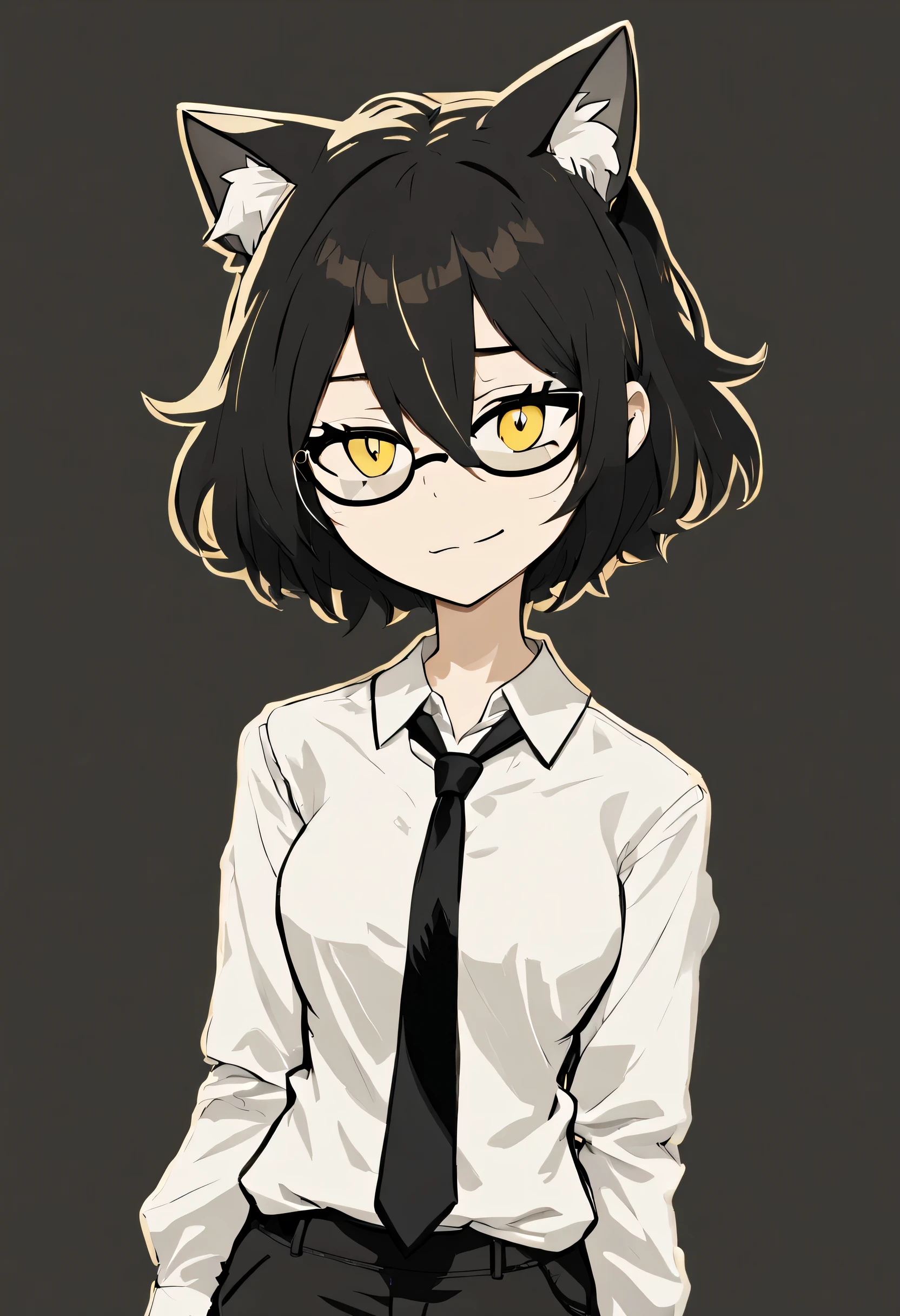 masterpiece, best quality, hires, high resolution, TCOAAL, white outline, bold outline, dark background, yellow eyes, black hair, 1girl, solo, monochrome:0.1, (white short-sleeved uniform:0.5), brown paper, smile, short black bob hair, yellow eyes, Round glasses, petite body, wearing plain white formal work shirt, wearing long black pants, business tie,cat ears with white fur inside them,androgynous, bored face, TIRED, eyes half closed, moth CLOSED.arm sleeves are short, looking away from viewer