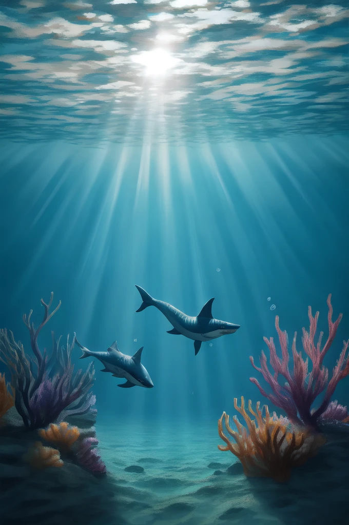 In the heart of the ultra-detailed, realistic underwater world, a group of sharks swim with graceful movement, their sleek bodies cutting through the dark blue water with ease. The sun rays illuminate the depths, casting a breathtaking scenery of light and shadow, as the sharks navigate through the lively marine life that surrounds them. With their sharp teeth and fierce jaws, they are both dangerous predators and captivating creatures.

As they swim in a school, their beautiful patterns shimmer in the rippling waves, reflecting the amazing colors of the coral reefs that hide among the seaweed. The sharks' unpredictable movements are a thr