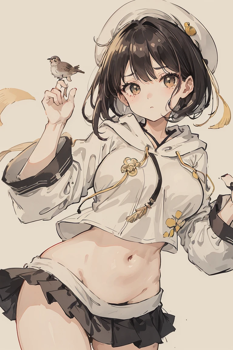 sparrow, a black haired girl, wearing a white hoody, short hair, messy hair, black skirt, yellow hoody, slim body, she have a handycam, medium breasts, she close her left eye, shirt ornament, lolippai, white beret, serious face, beautiful breasts, rounded breasts