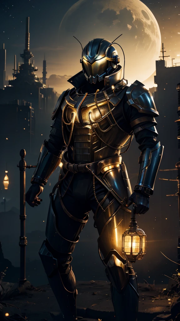 Giant creature with a mechanical helmet with yellow lights and flashlight on and illuminating and mechanical armor with yellow lights and red electrical wires on the mechanical armor and mini cities on the back of the mechanical armor and holding a blue planet and in the background a beautiful and beautiful galaxy and fumes 