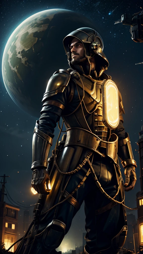 Giant creature with a mechanical helmet with yellow lights and flashlight on and illuminating and mechanical armor with yellow lights and red electrical wires on the mechanical armor and mini cities on the back of the mechanical armor and holding a blue planet and in the background a beautiful and beautiful galaxy and fumes 