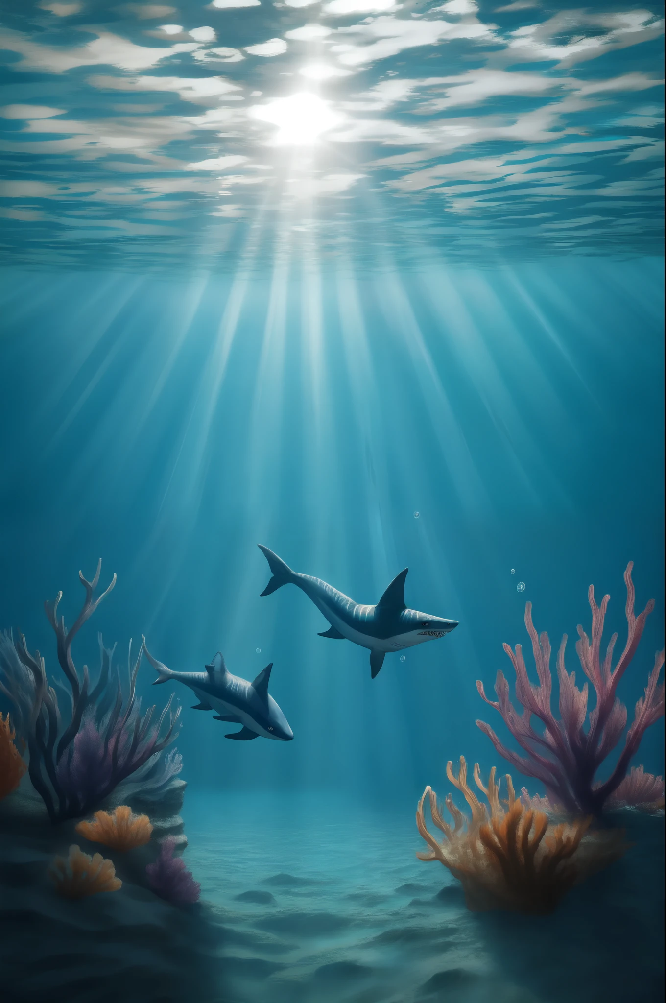 In the heart of the ultra-detailed, realistic underwater world, a group of sharks swim with graceful movement, their sleek bodies cutting through the dark blue water with ease. The sun rays illuminate the depths, casting a breathtaking scenery of light and shadow, as the sharks navigate through the lively marine life that surrounds them. With their sharp teeth and fierce jaws, they are both dangerous predators and captivating creatures.
As they swim in a school, their beautiful patterns shimmer in the rippling waves, reflecting the amazing colors of the coral reefs that hide among the seaweed. The sharks' unpredictable movements are a thr