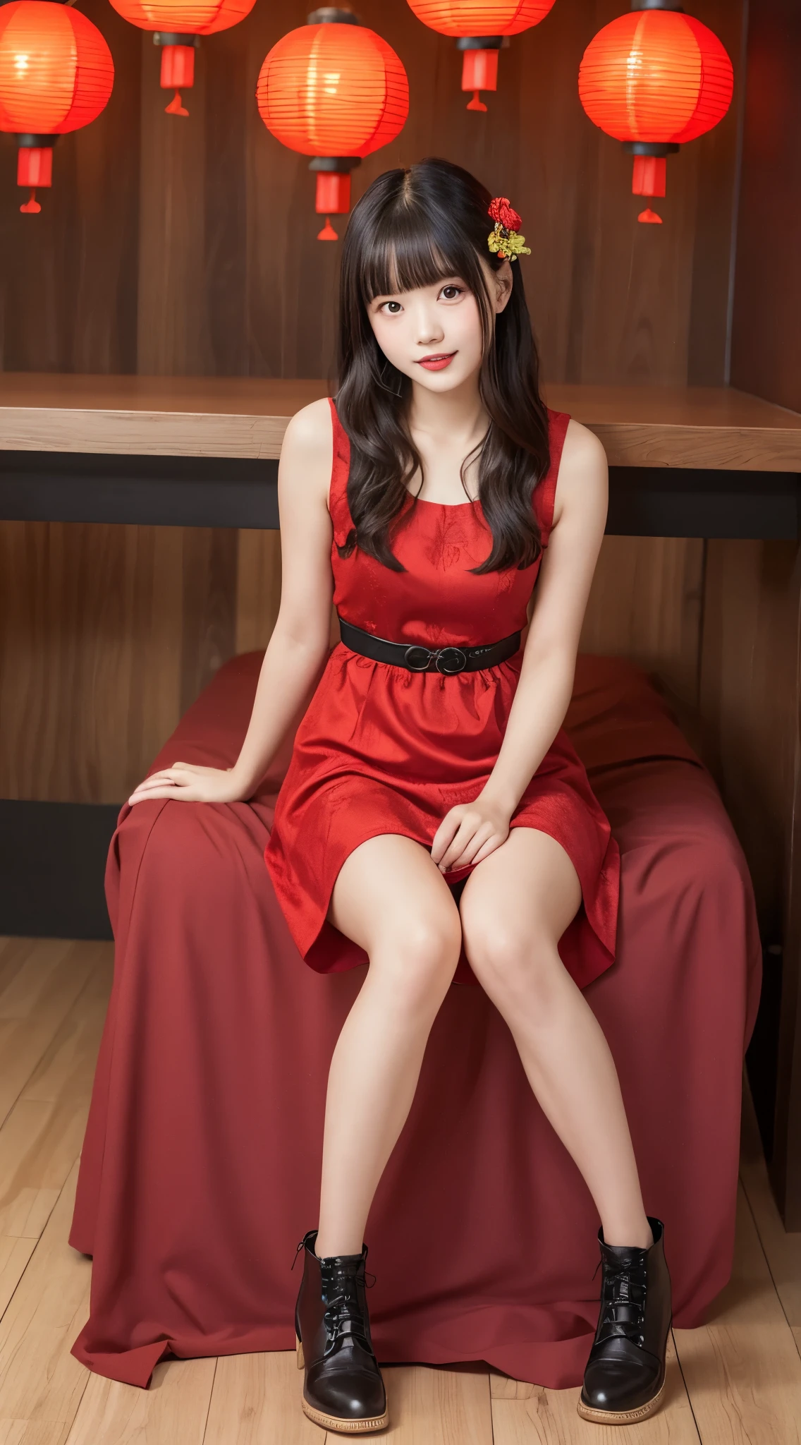 ((Highest quality)),((20 years old)).,((cutegirl)),black long hair,red dress