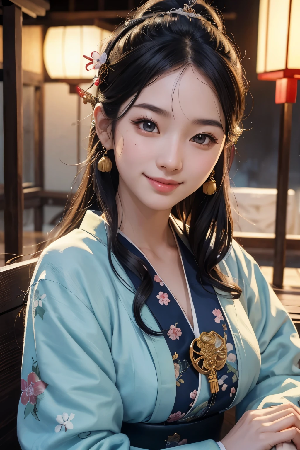 beautiful girl in Japanese mythological costume, front face, photo, an extremely delicate and beautiful, extremely detailed, Amazing, extremely detailed skin, (18 years old:1.2), cute girl, famous Japanese idol, kawaii, fair skin, shiny skin, chin thin, (smile:1.2), cute, young, extremely detailed nose, extremely detailed mouth, cute face, (realistic face:1.2), beautiful views, ancient japan