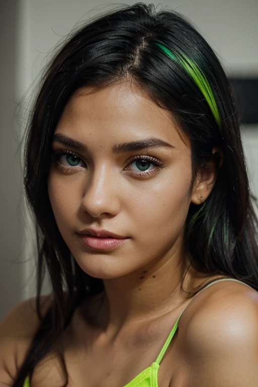 beautiful neon green highlights and black hair model with hazel eyes