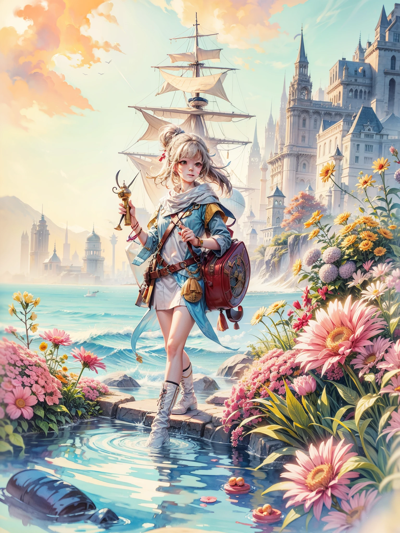 Watercolor painting of a cute female navigator:1.5