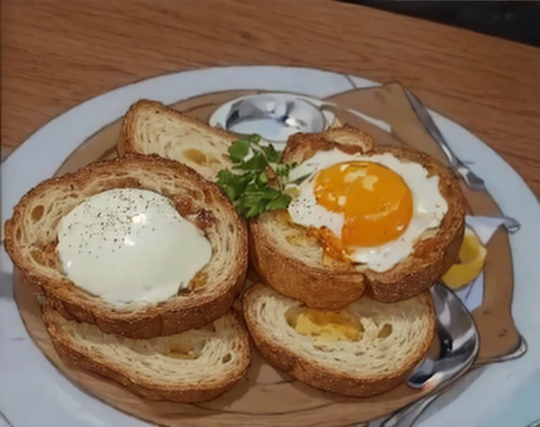 Bread sandwiched with vegetables、Bread with fried egg on top、Potage soup on a plate。milk tea in a cup。