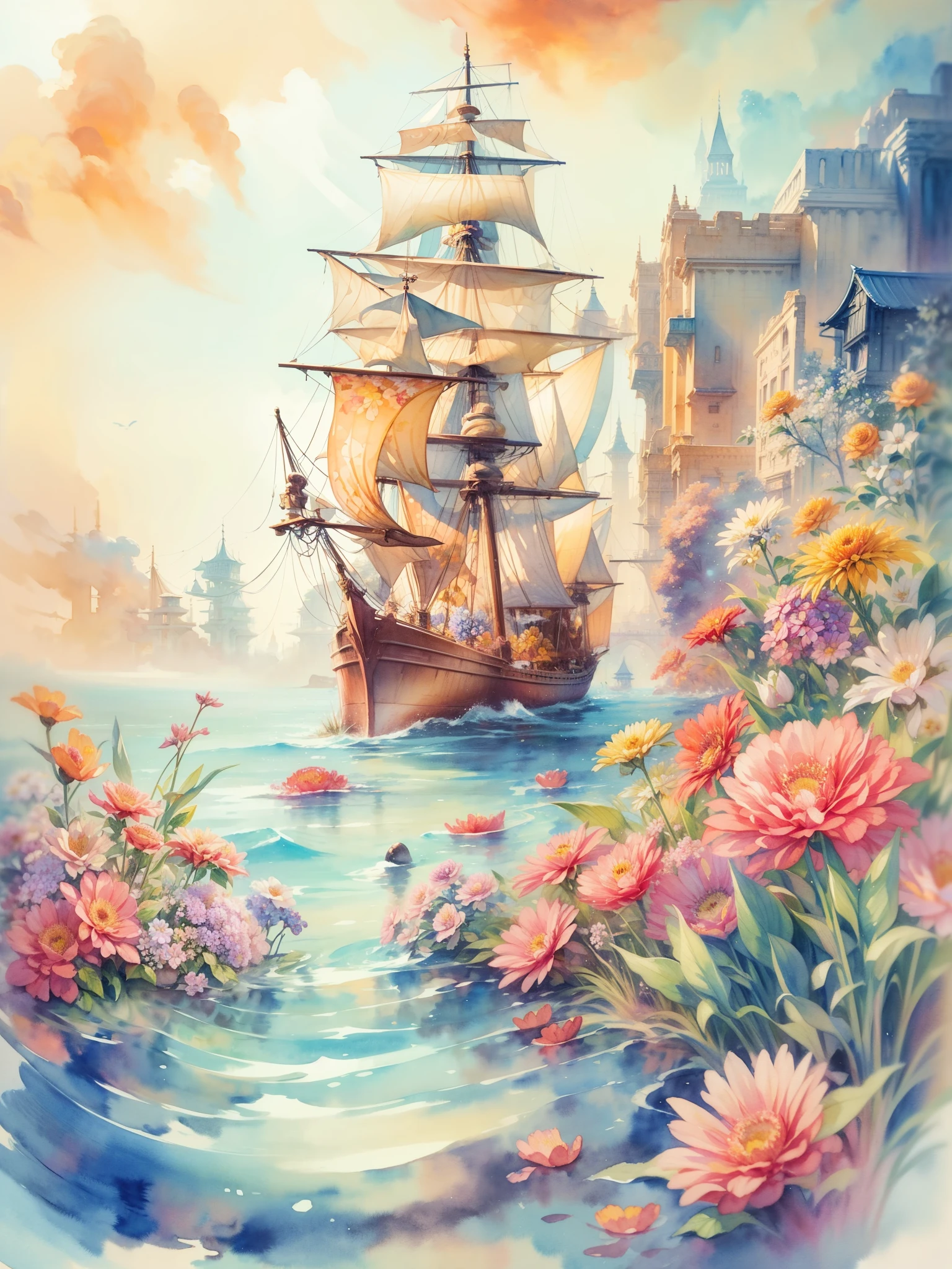 A watercolor painting of a cute navigator,Highlights the characteristics and beauty of Renaissance-style watercolor art。Artwork should capture the unique qualities of Renaissance watercolors,For example, the use of light and shadow、Detailed brushwork and rich color palette。The composition includes a navigator and a ship,sea etc.,Each one is carefully rendered,to showcase their individual beauty and the work as a whole。Detailed background,Complements the Navigator,But not so much that it overwhelms the navigator。Focus on showing the grace and delicacy of the navigator, (floral watercolor painting:1.6),(Super high saturation, bright and vivid colors:1.3)