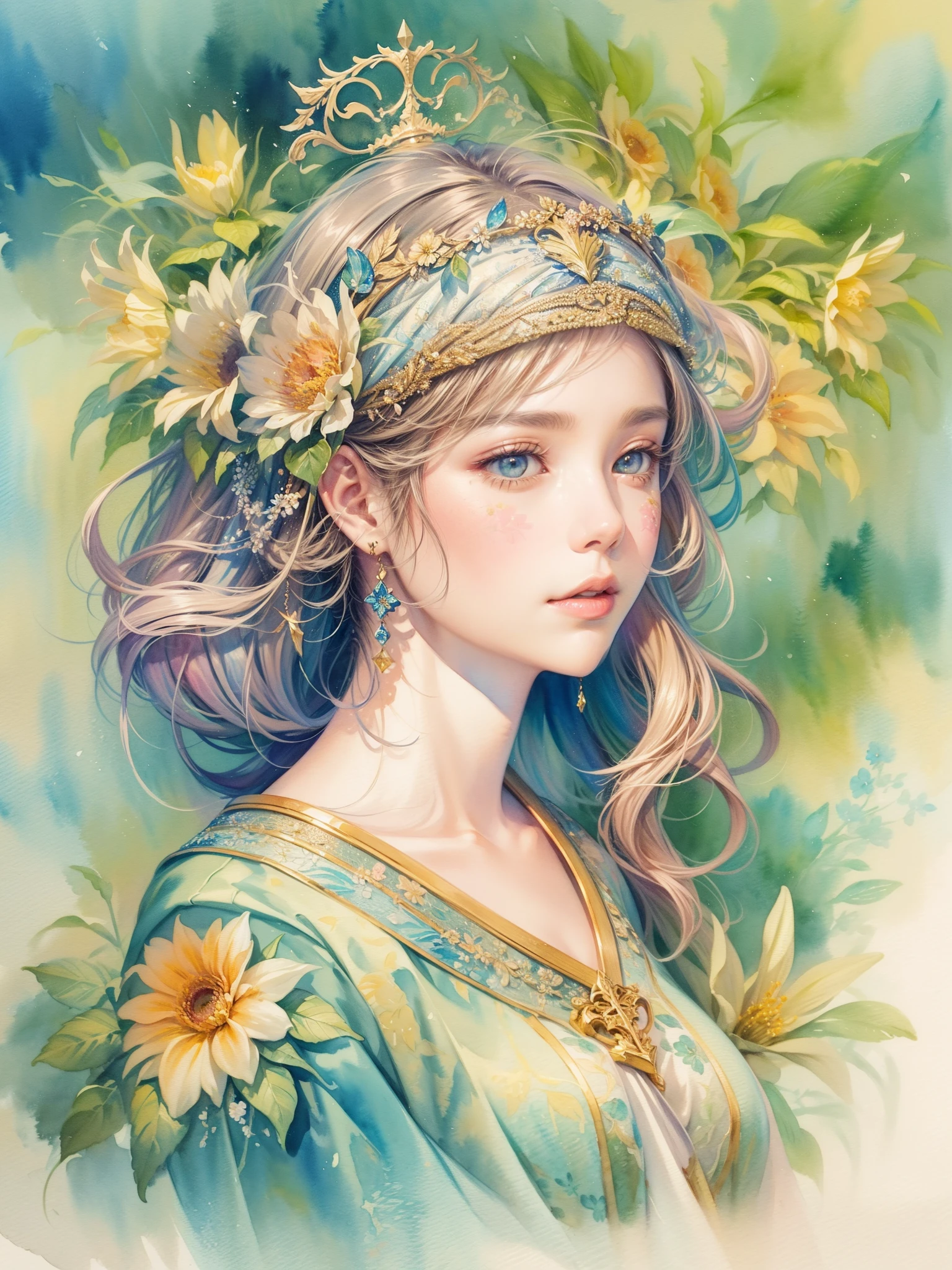 A watercolor painting of a cute navigator，Highlights the characteristics and beauty of Renaissance-style watercolor art。Artwork should capture the unique qualities of Renaissance watercolors，For example, the use of light and shadow、Detailed brushwork and rich color palette。The composition includes a navigator and a ship，sea etc.，Each one is carefully rendered，to showcase their individual beauty and the work as a whole。Detailed background，Complements the Navigator，But not so much that it overwhelms the navigator。Focus on showing the grace and delicacy of the navigator, (floral watercolor painting:1.6)，(Super high saturation, bright and vivid colors:1.3)