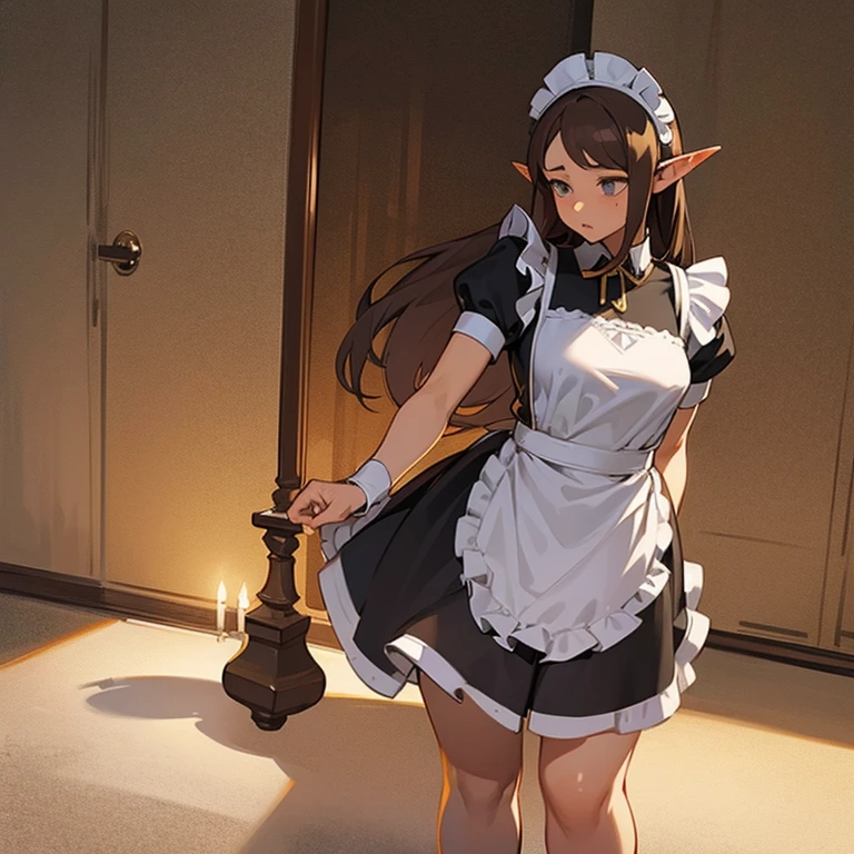 (((An elf woman alone))),(((light skin))),(((long brown hair))),(((grey eyes))),(curvy body),(((wearing a maid outfit)))