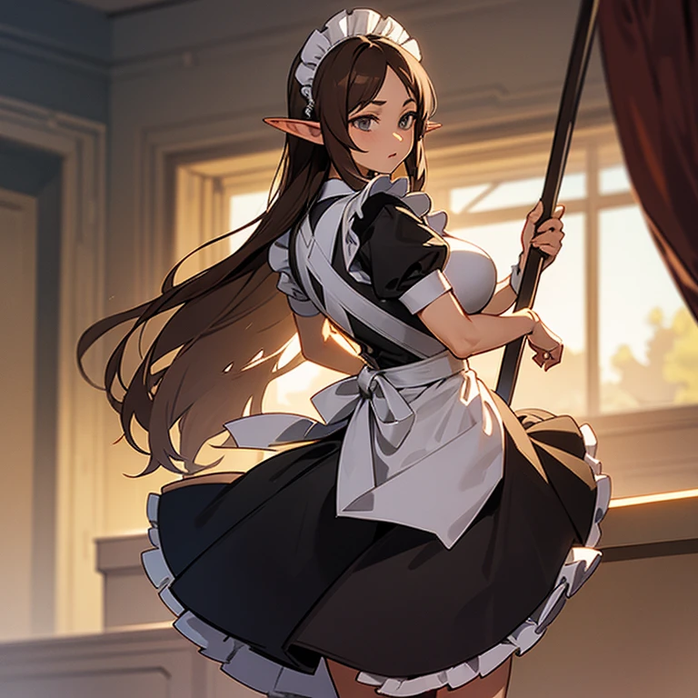 (((An elf woman alone))),(((light skin))),(((long brown hair))),(((grey eyes))),(curvy body),(((wearing a maid outfit)))