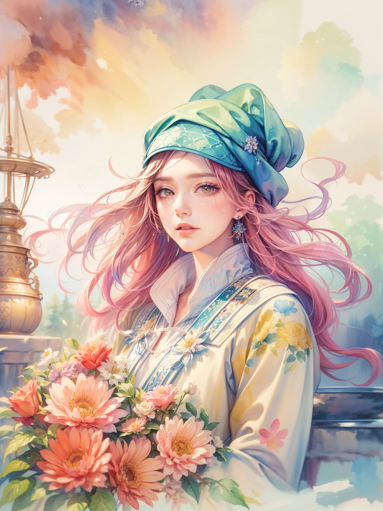 A watercolor painting of a cute navigator，Highlights the characteristics and beauty of Renaissance-style watercolor art。Artwork should capture the unique qualities of Renaissance watercolors，For example, the use of light and shadow、Detailed brushwork and rich color palette。The composition includes a navigator and a ship，sea etc.，Each one is carefully rendered，to showcase their individual beauty and the work as a whole。Detailed background，Complements the Navigator，But not so much that it overwhelms the navigator。Focus on showing the grace and delicacy of the navigator, (floral watercolor painting:1.6)，(Super high saturation, bright and vivid colors:1.3)