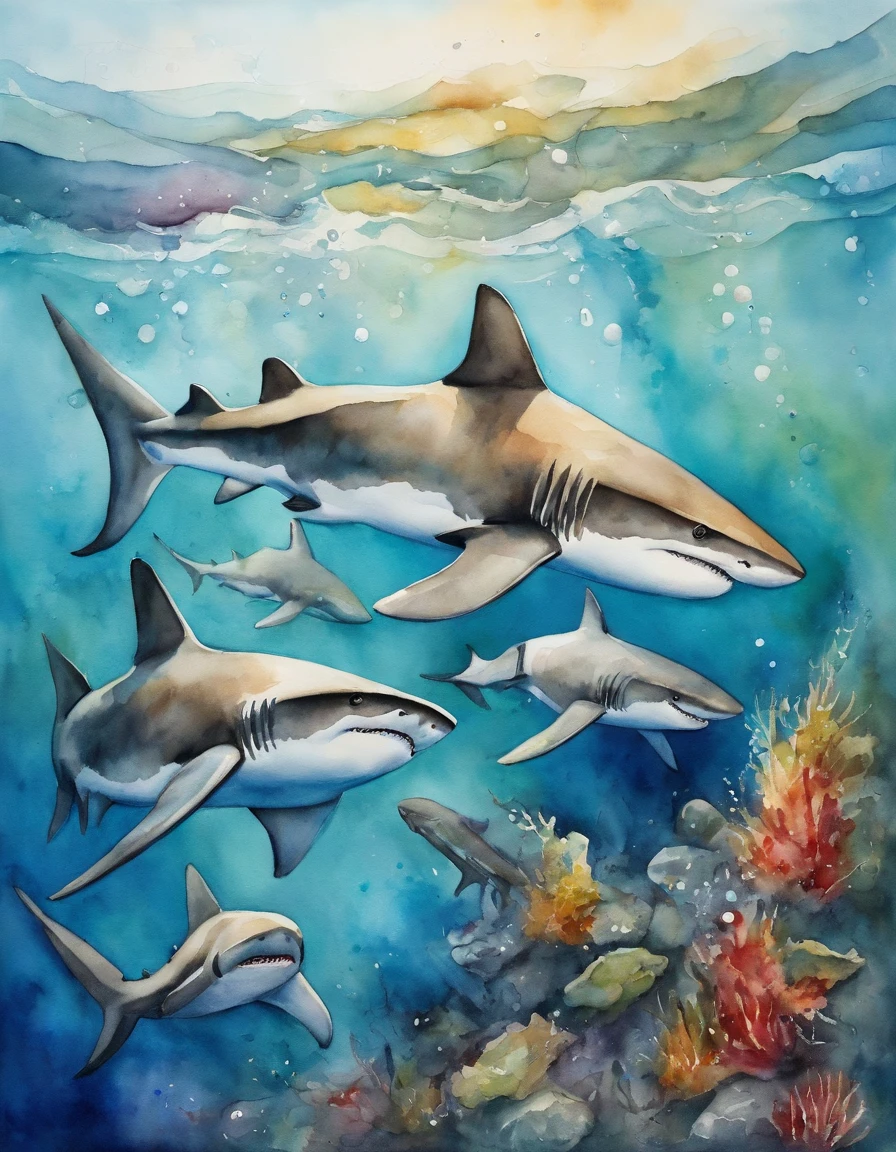 (masterpiece, best quality), best resolution, A group of sharks swimming underwater