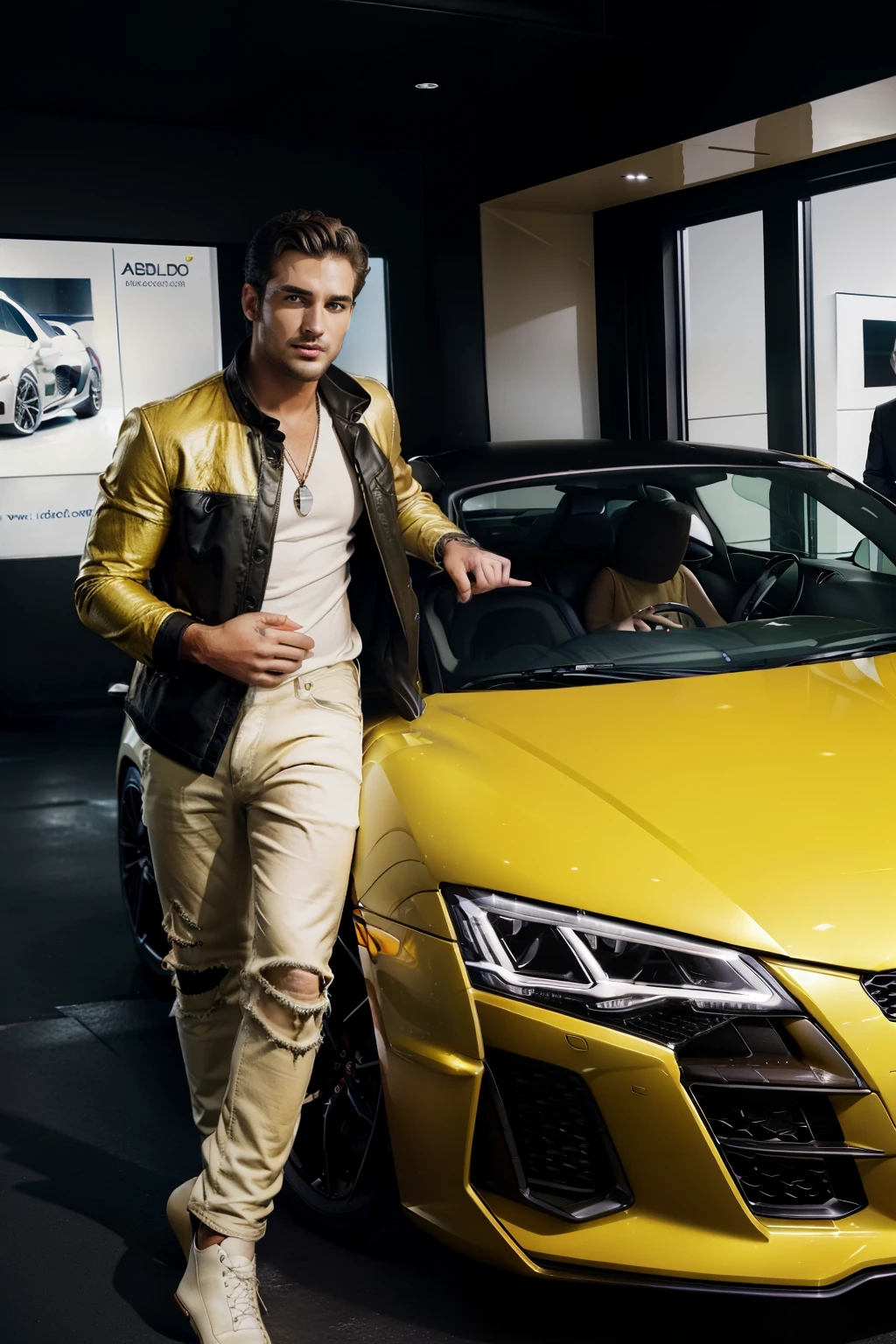 A man standing next to a yellow sports car in a showroom - SeaArt AI