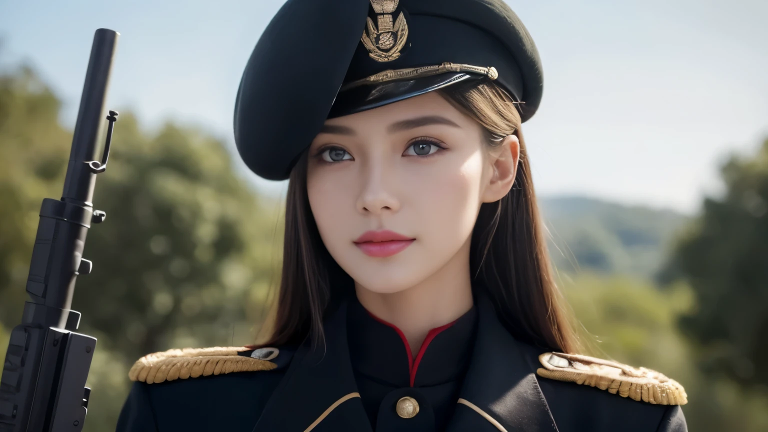 ((Realistic lighting, Masterpiece: 1.3)), (raw photo:1.2), Hyperrealist portrait Beautiful Chinese girl, 20 years old, ((skin white: 1.6)), beautiful eyes, very detailed eyes and face, (full real formal crimson red military uniform), (military short), (military cap), ((high rank)), military cape, charming cute face, natural makeup: 1.2, (military saluted), chignon, Best quality, 8K, professional photography, (full body view), military parade background